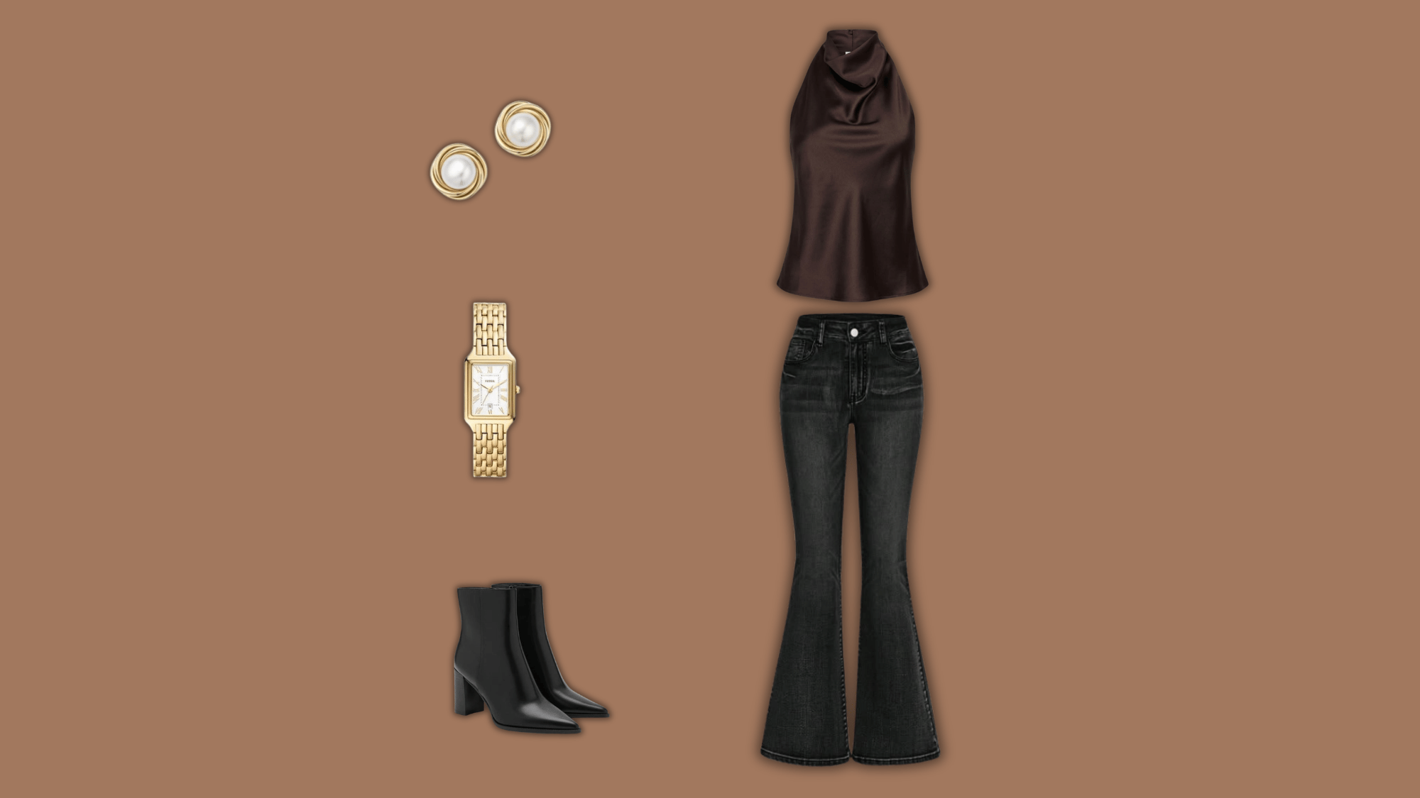 dark flare jeans with halter top heels
