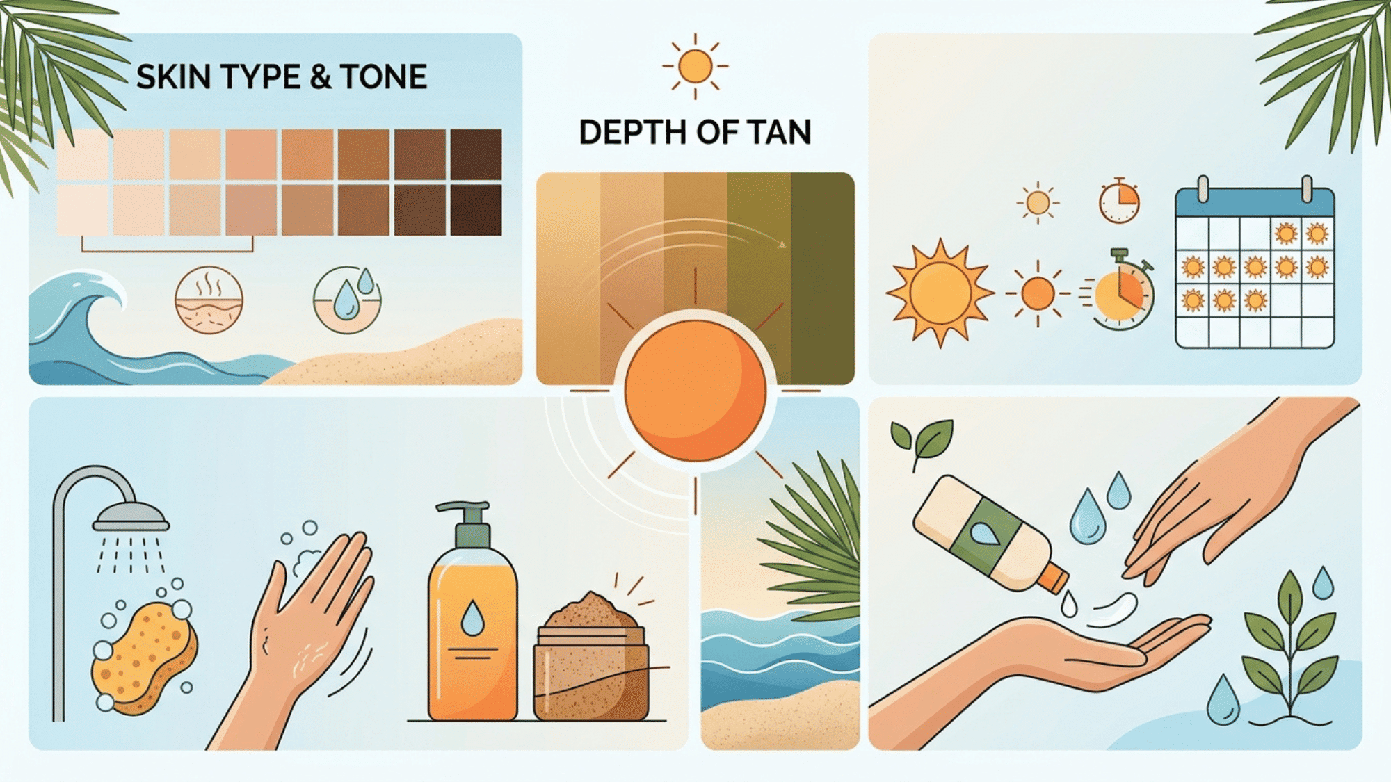 infographic showing habits that help a tan last longer including moisturizing hydration sunscreen and gentle skin care