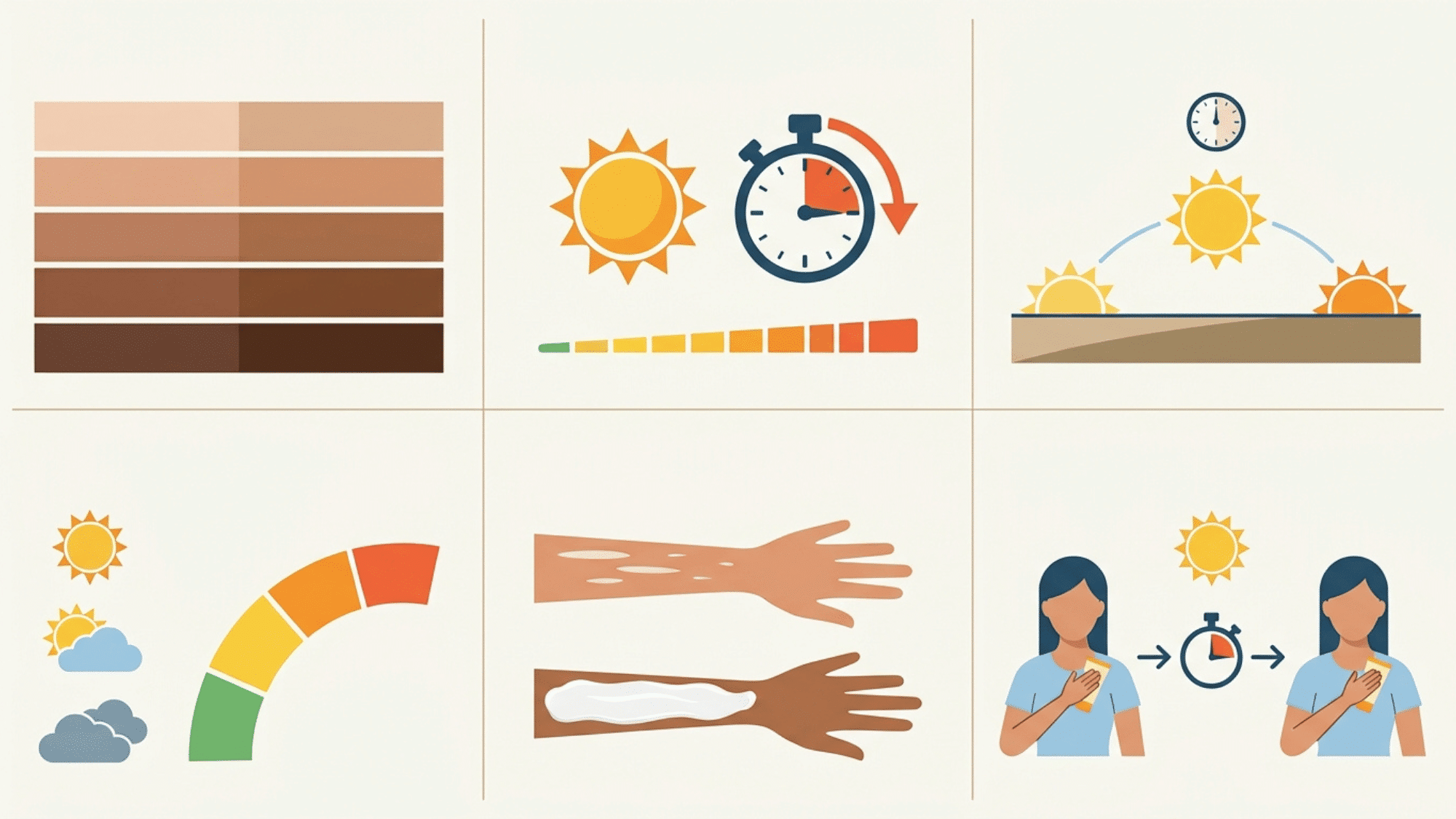 infographic showing factors that affect tanning including skin tone uv index time outdoors sunscreen use and reapplication