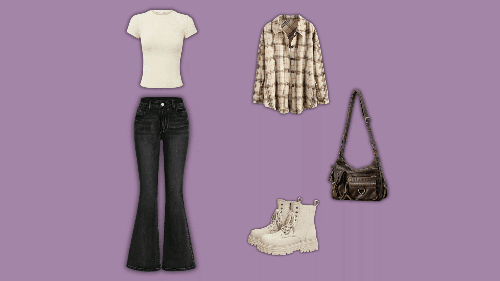black flare jeans with flannel shirt boots