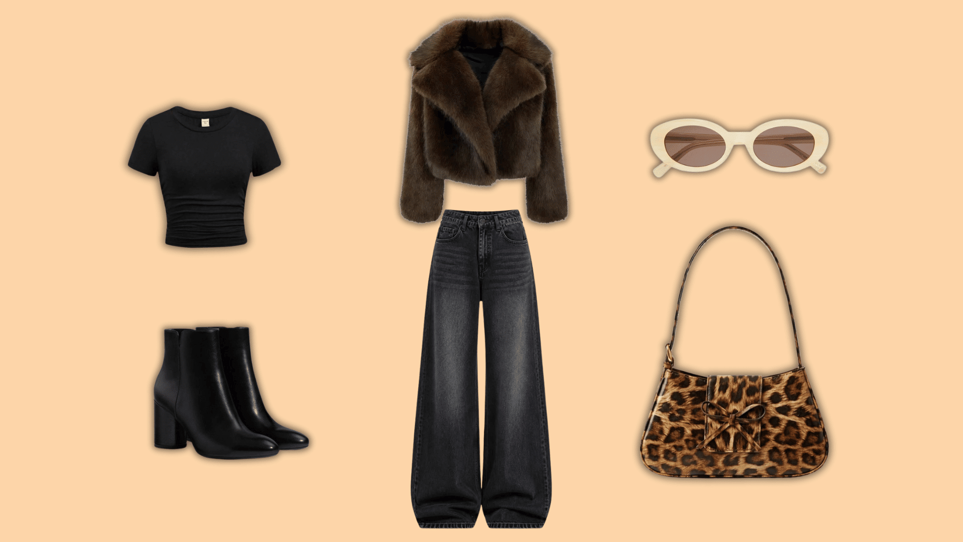 black top with fur jacket dark jeans boots and animal print bag