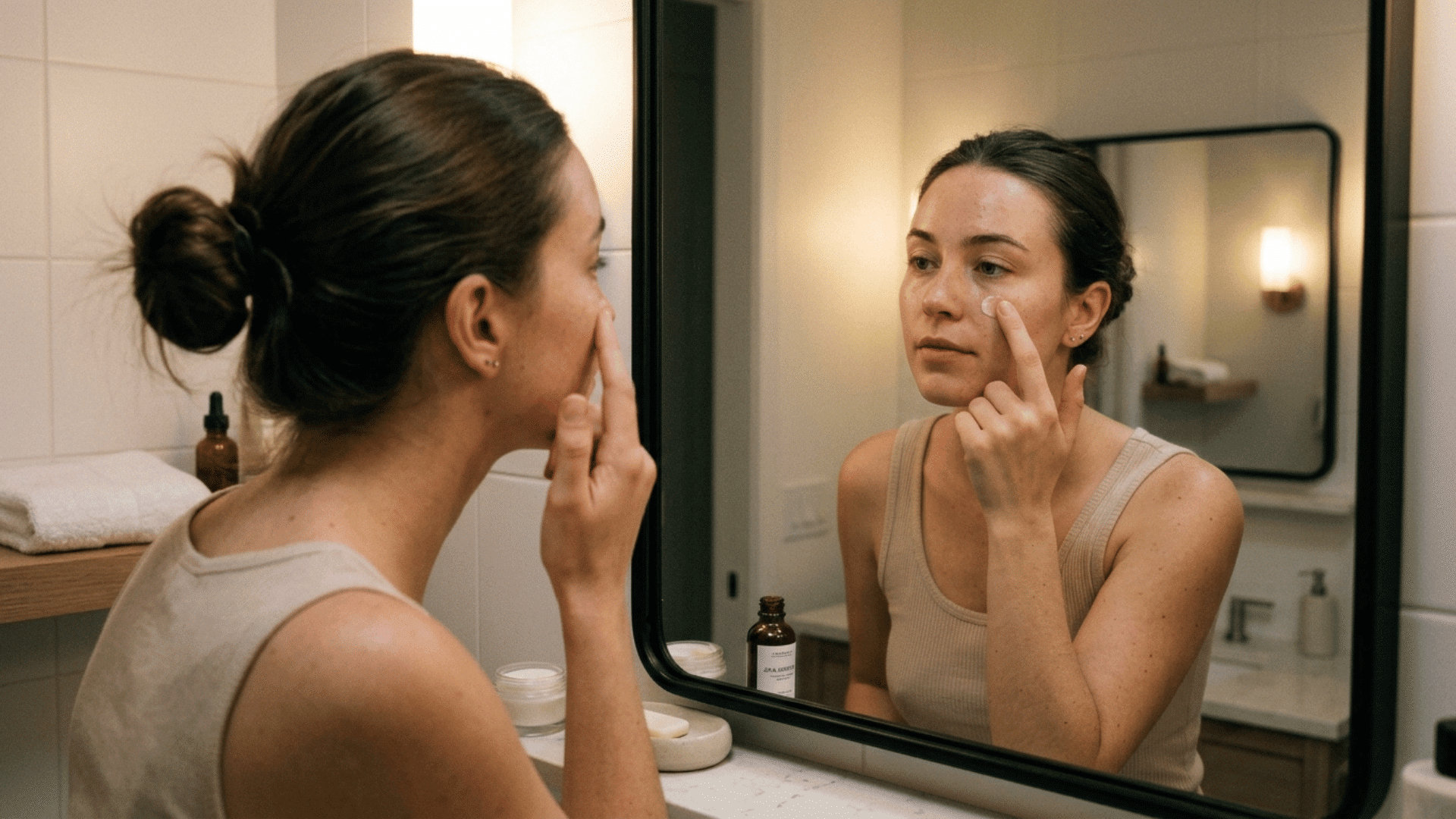 woman standing in front of the mirror, applying retinol cream under her eyes in night
