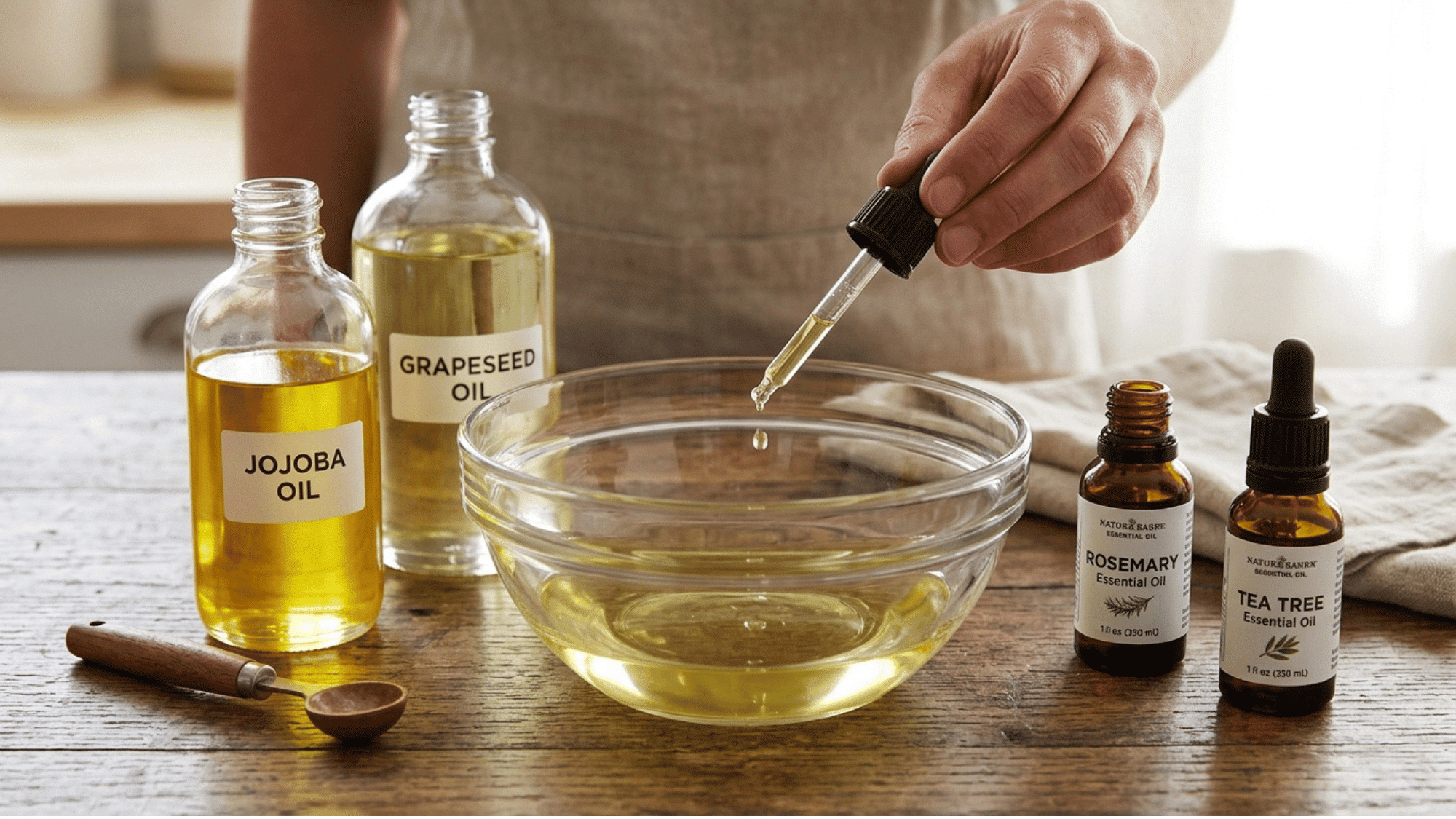 mixing jojoba oil grapeseed oil rosemary essential oil and tea tree oil for a lightweight diy hair growth oil