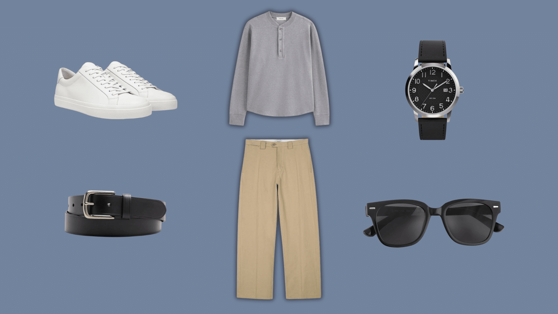 gray henley shirt with khaki pants white sneakers belt watch and sunglasses for a casual errand outfit