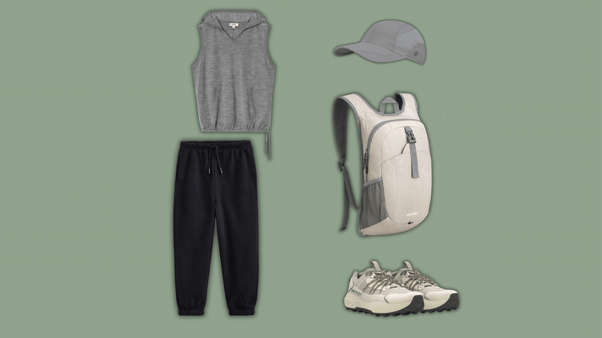 gray sleeveless hoodie and black joggers with hiking gear