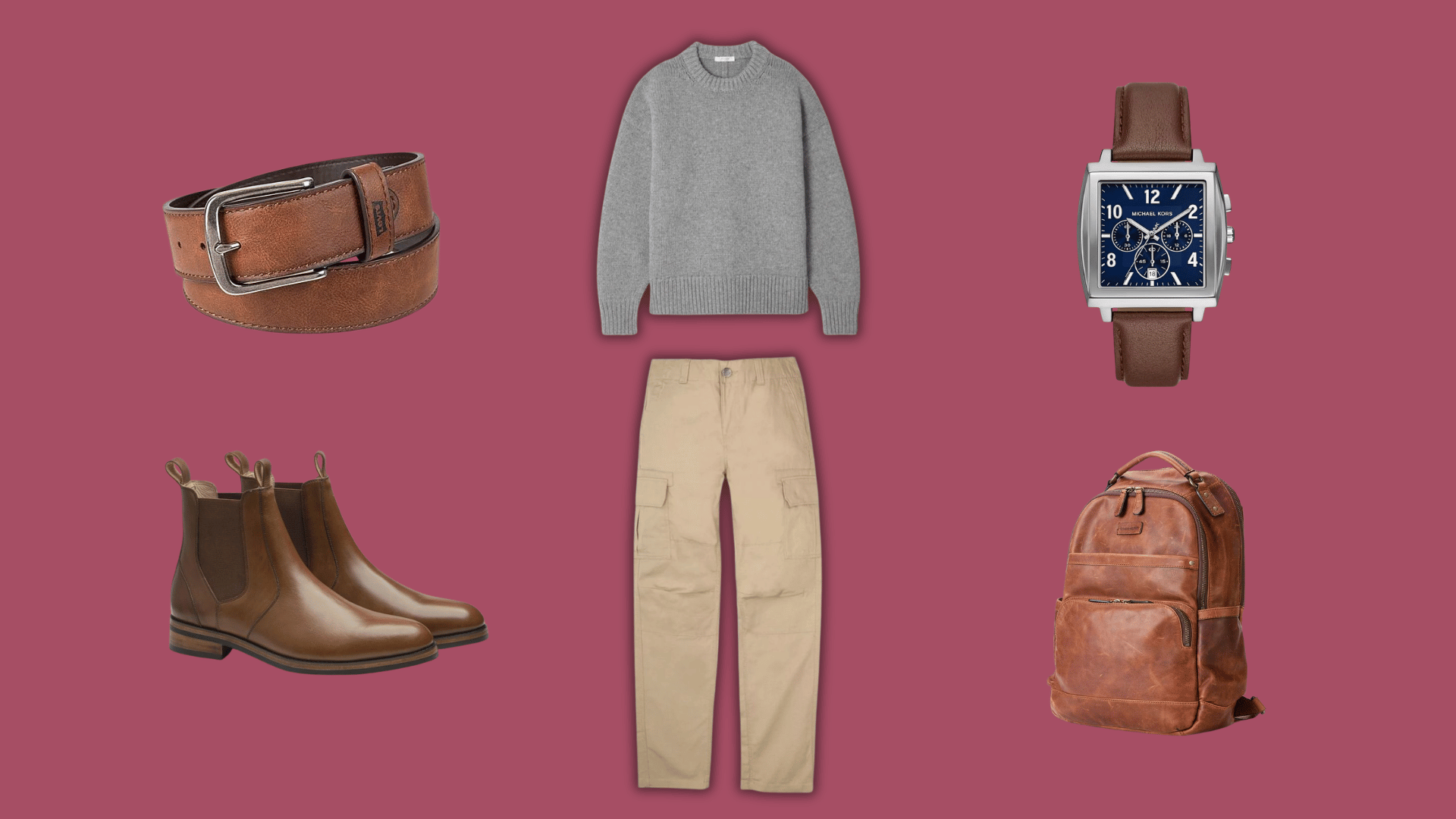 gray sweater with khaki cargo pants brown boots belt watch and backpack for a winter ready outfit