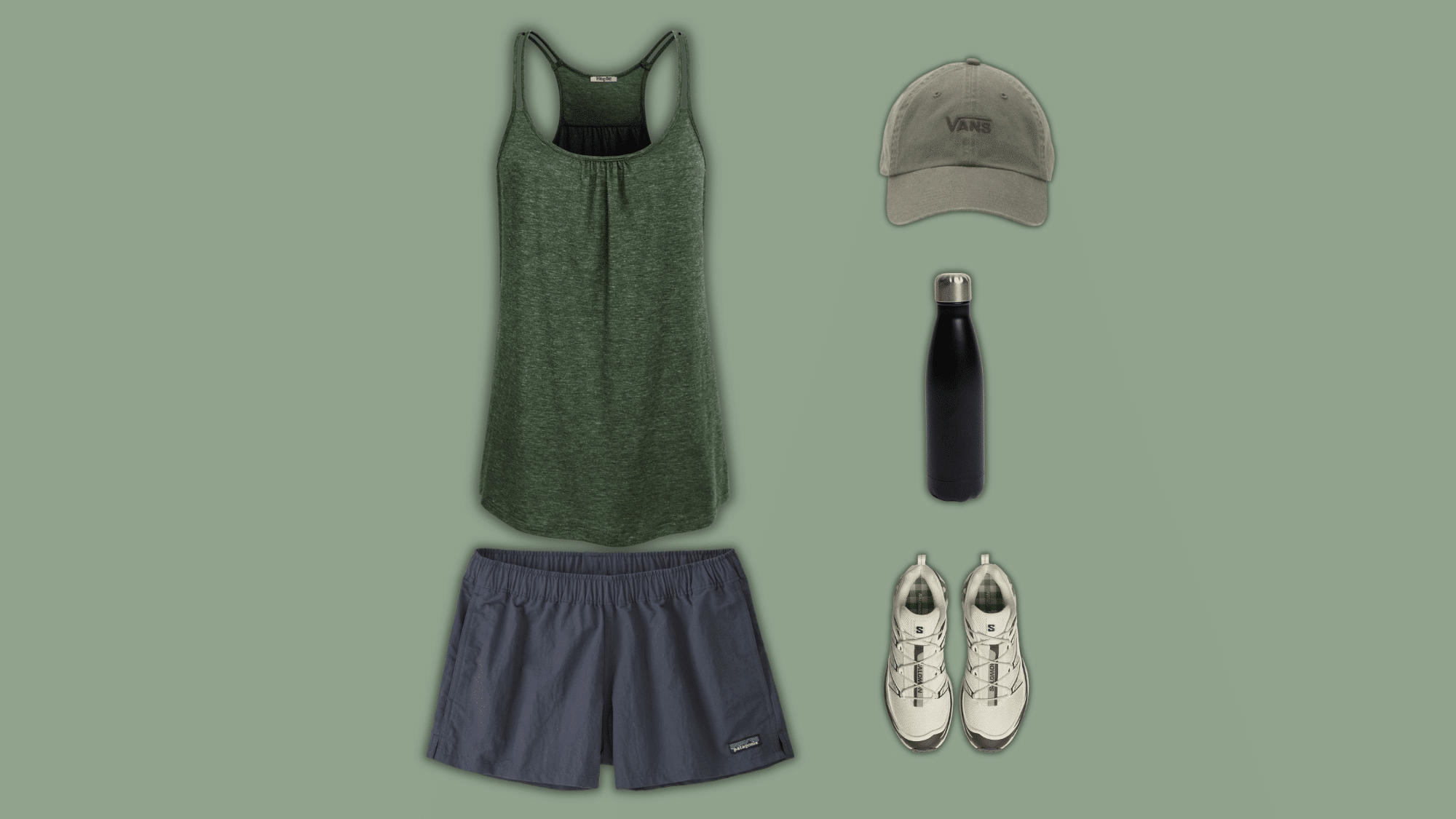 green hiking tank with gray shorts, cap, water bottle, and trail shoes