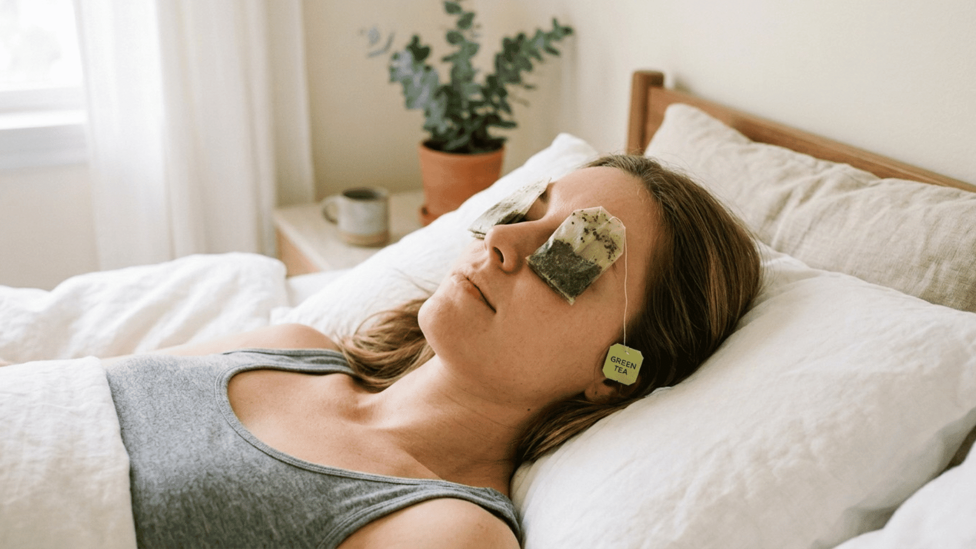 chilled green tea bags placed over closed eyes to soothe puffiness