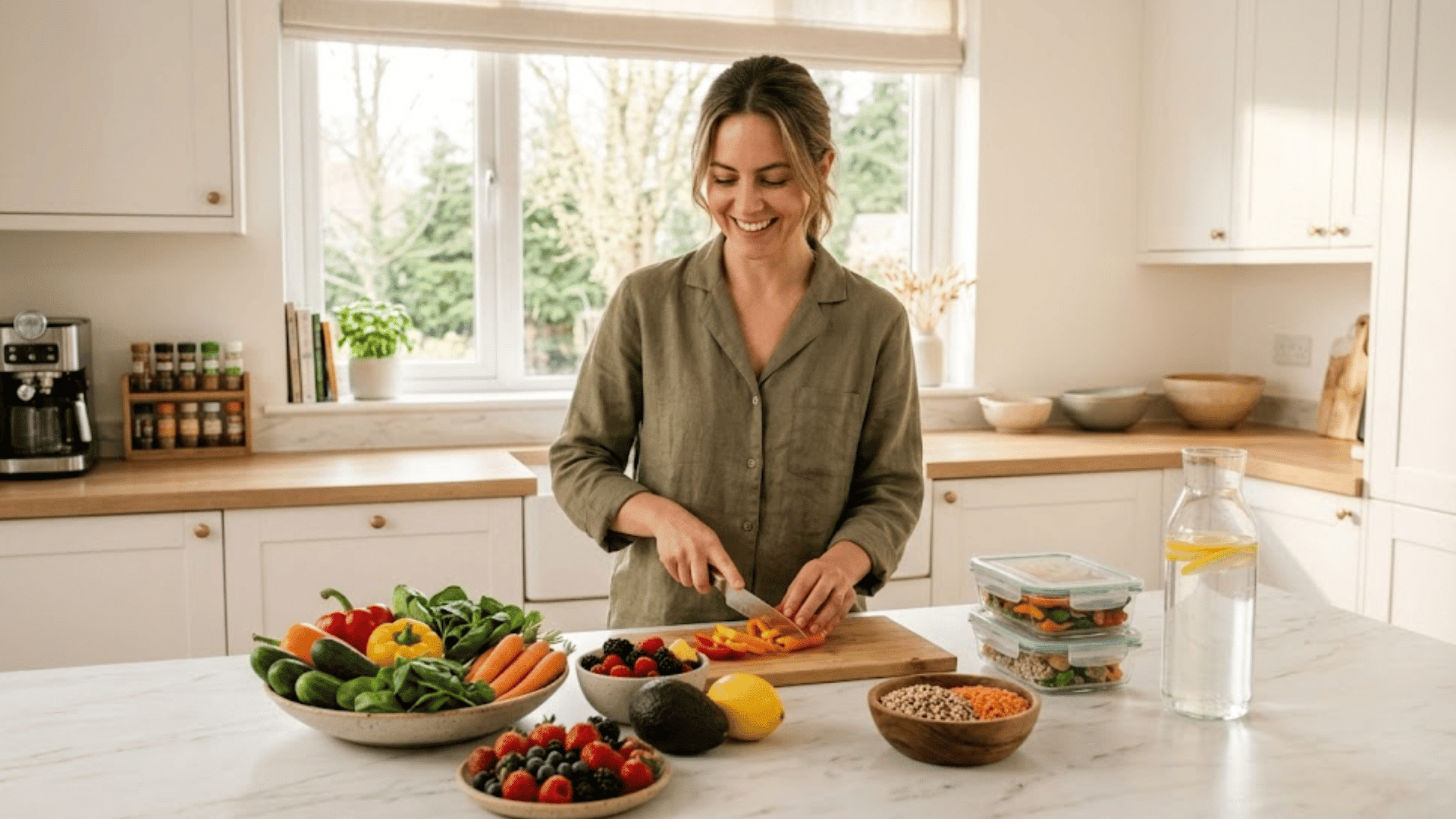 woman preparing a healthy meal with fresh vegetables, fruits, grains, and water in a bright kitchen