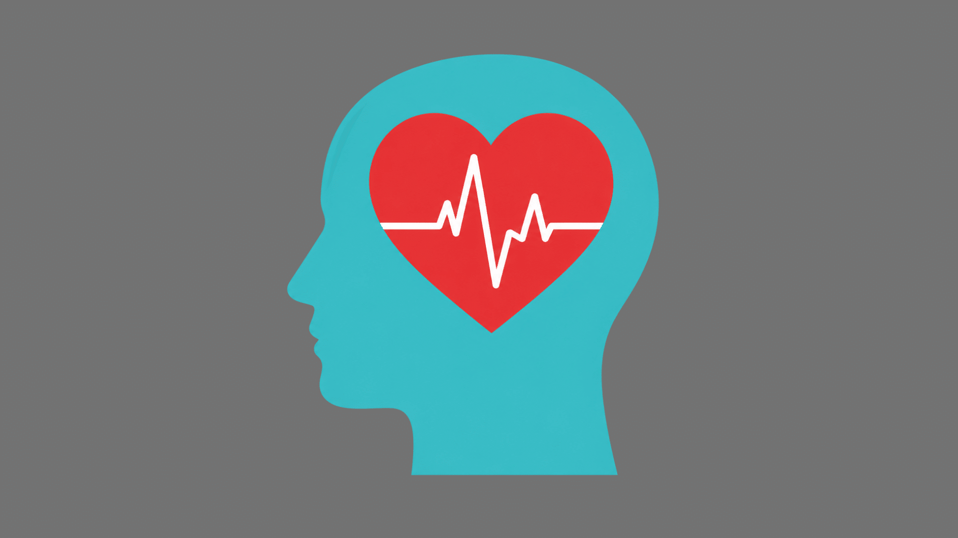 turquoise head with a red heart and white heartbeat line representing mental health and emotional wellness