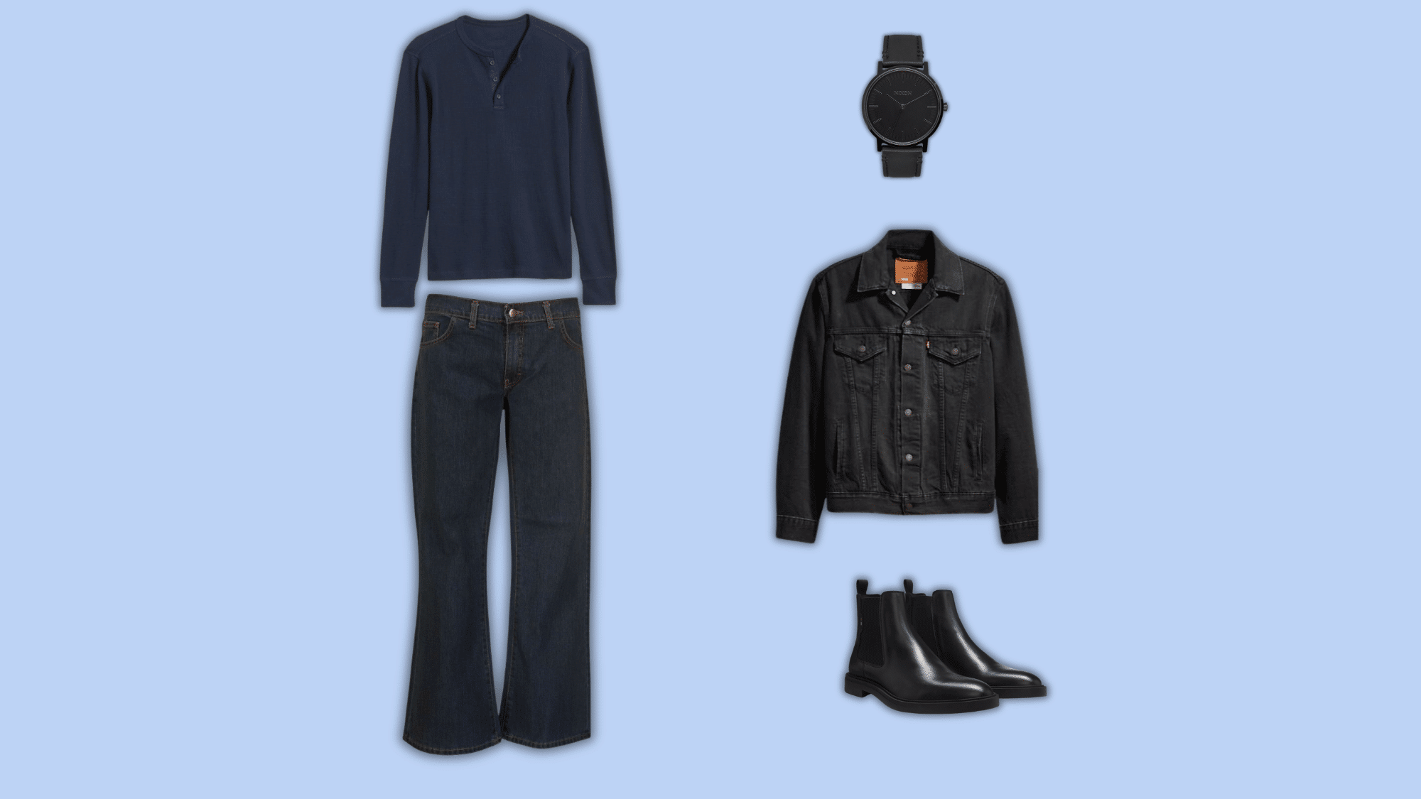 dark flare jeans with henley and jacket