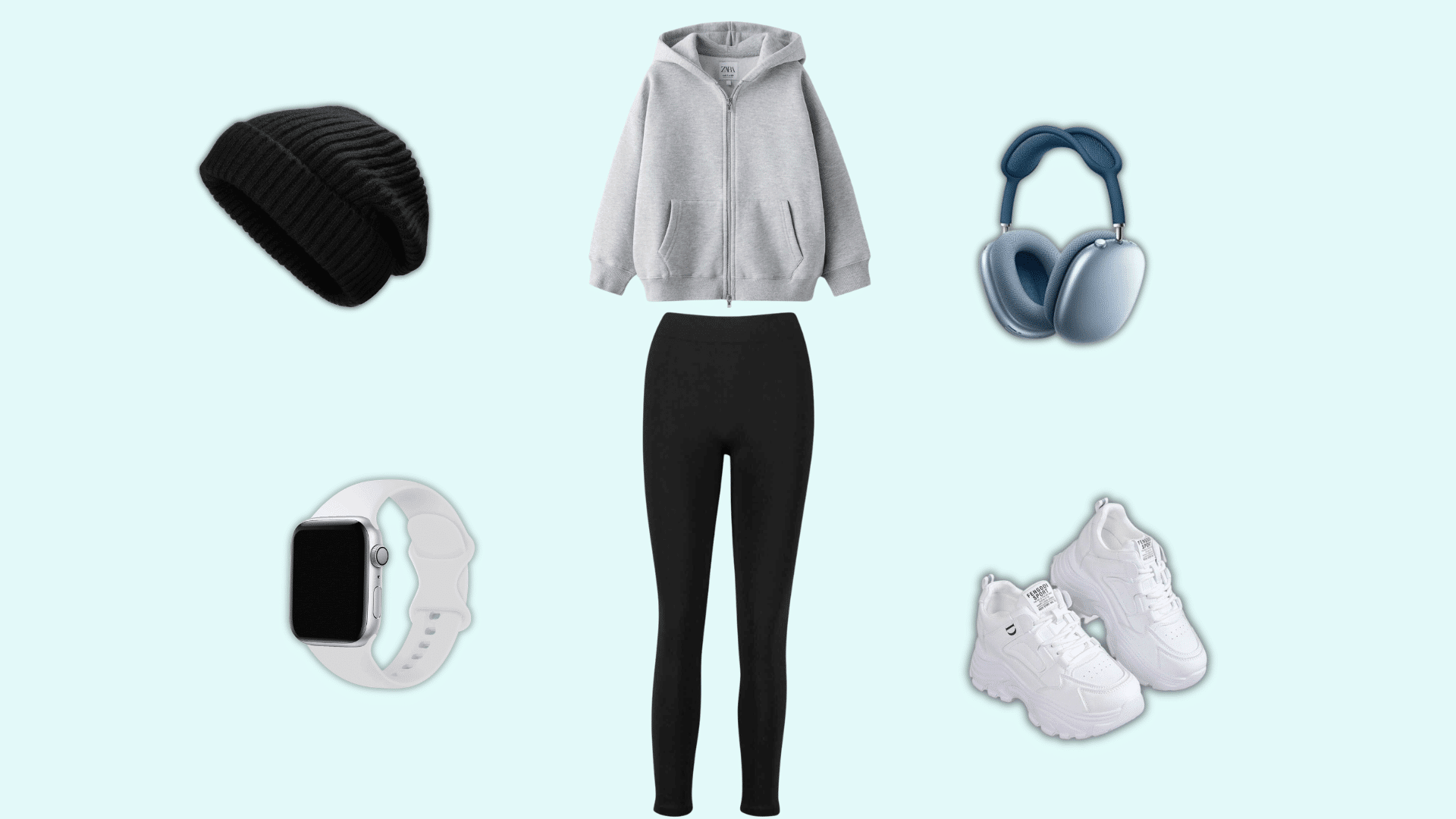 gray hoodie and leggings outfit with sneakers smartwatch and headphones