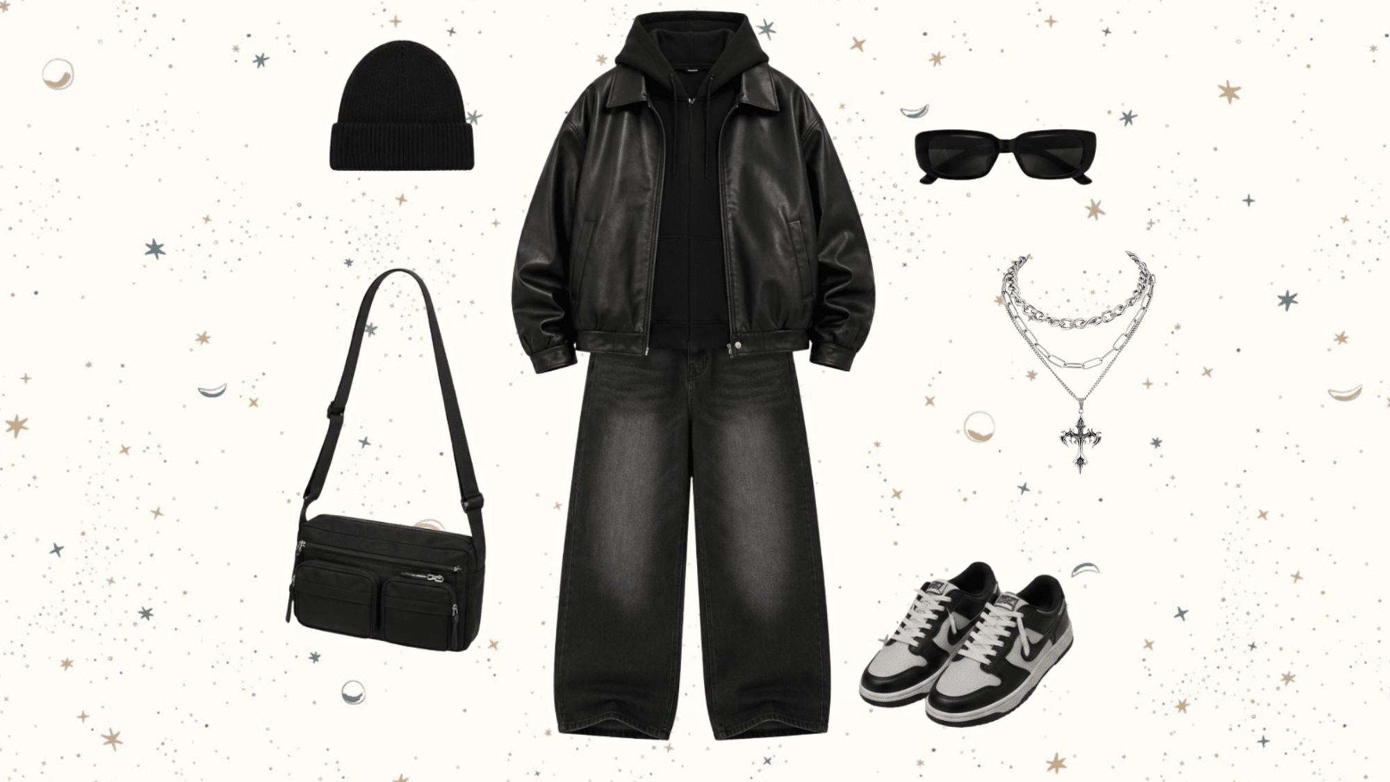 black hoodie layered under a black leather jacket with baggy black jeans sneakers beanie crossbody bag and silver necklaces