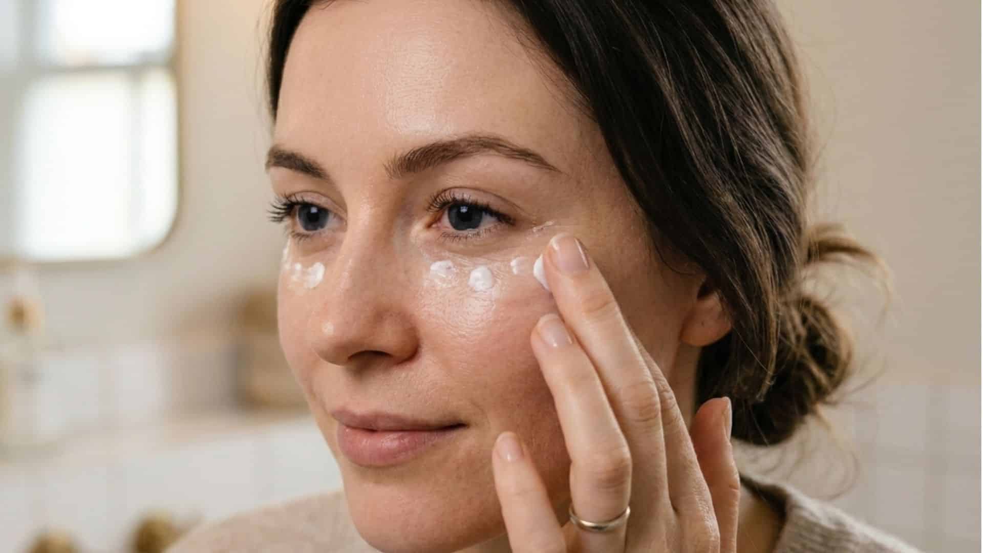 close-up of a woman lightly pressing eye cream into the under-eye area without rubbing or pulling the skin