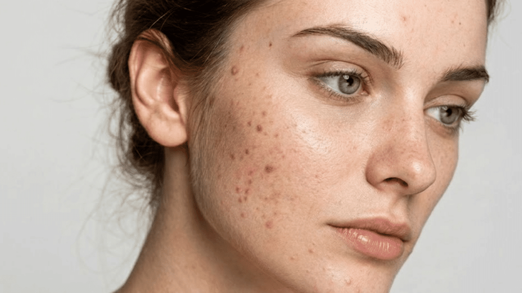 close-up of woman with acne marks and blemishes on cheek, showing natural skin texture and mild redness