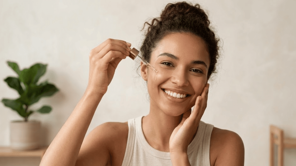 smiling woman applying hyaluronic acid serum to her cheek with a dropper during her skincare routine