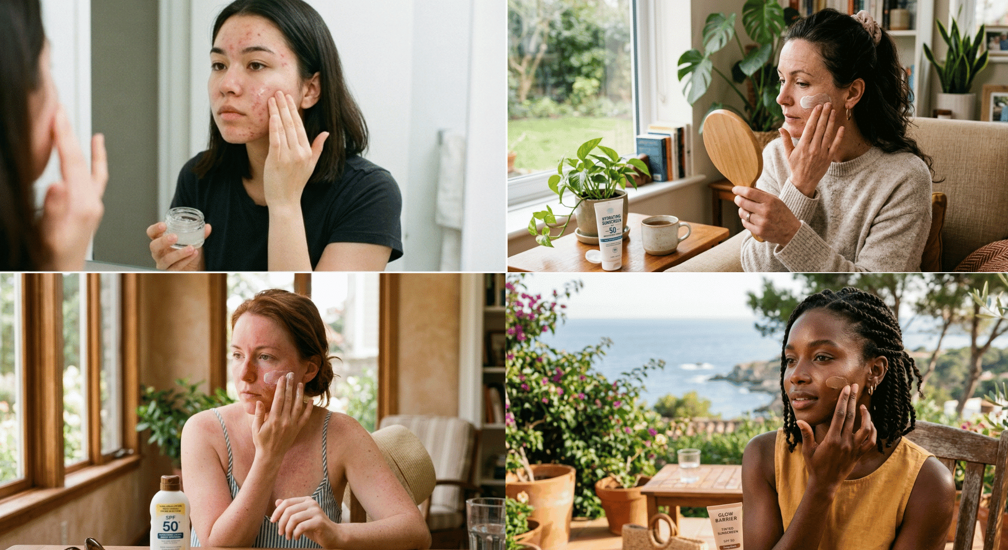 people with oily dry sensitive and darker skin tones applying sunscreen suited to their different skin types