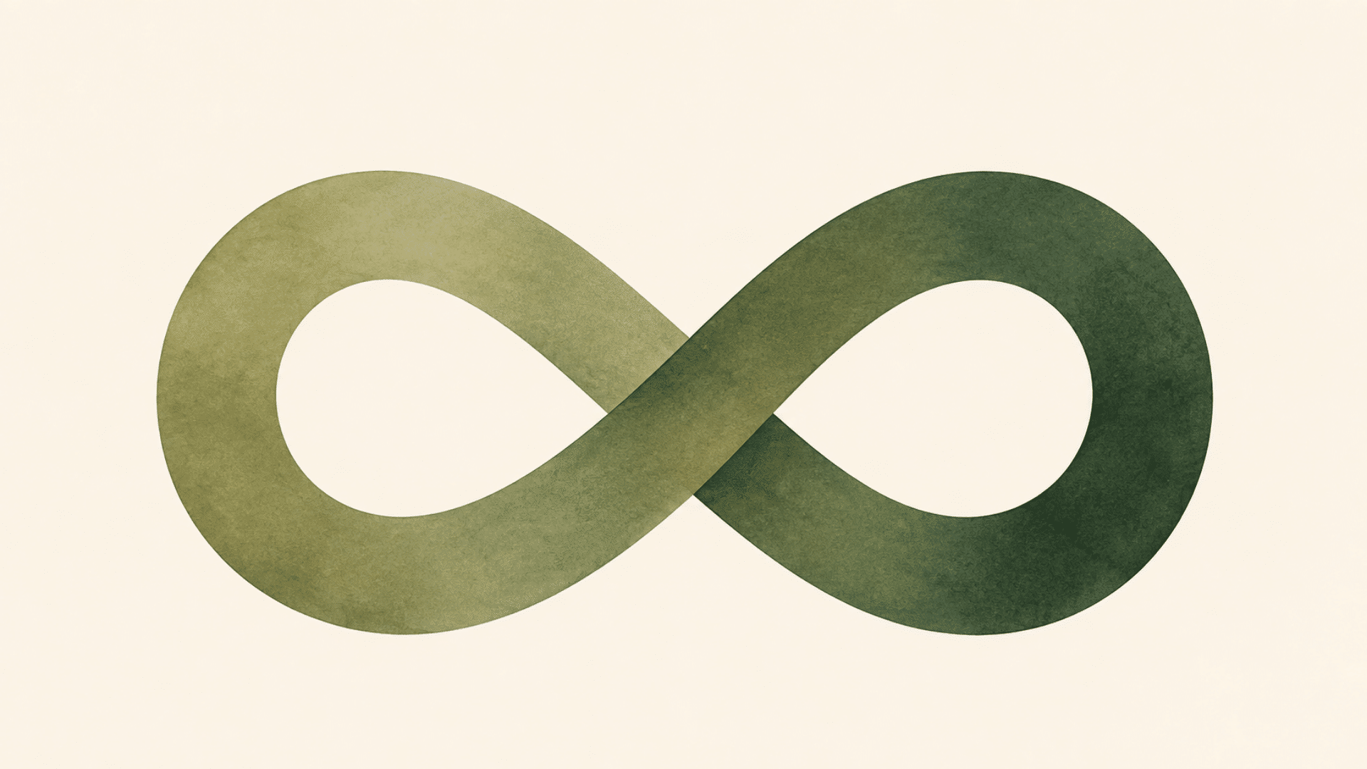 green infinity symbol on an off-white background representing balance, continuity, growth, and mental wellness