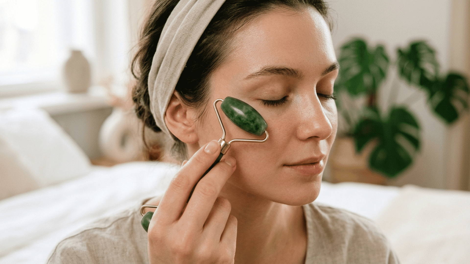 jade roller being used by a woman along the under-eye area to improve circulation