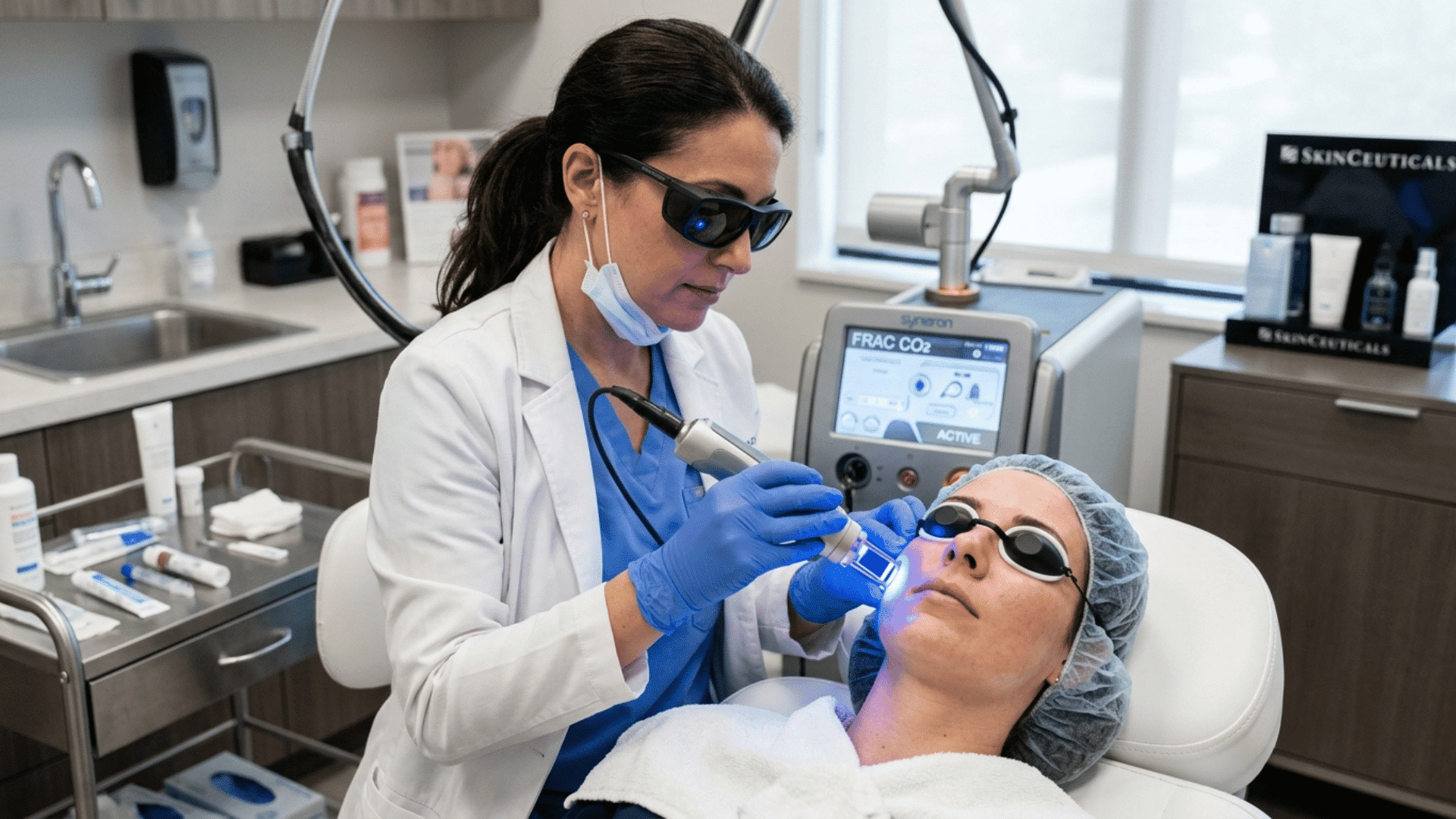 patient undergoing laser skin resurfacing treatment at a dermatology clinic