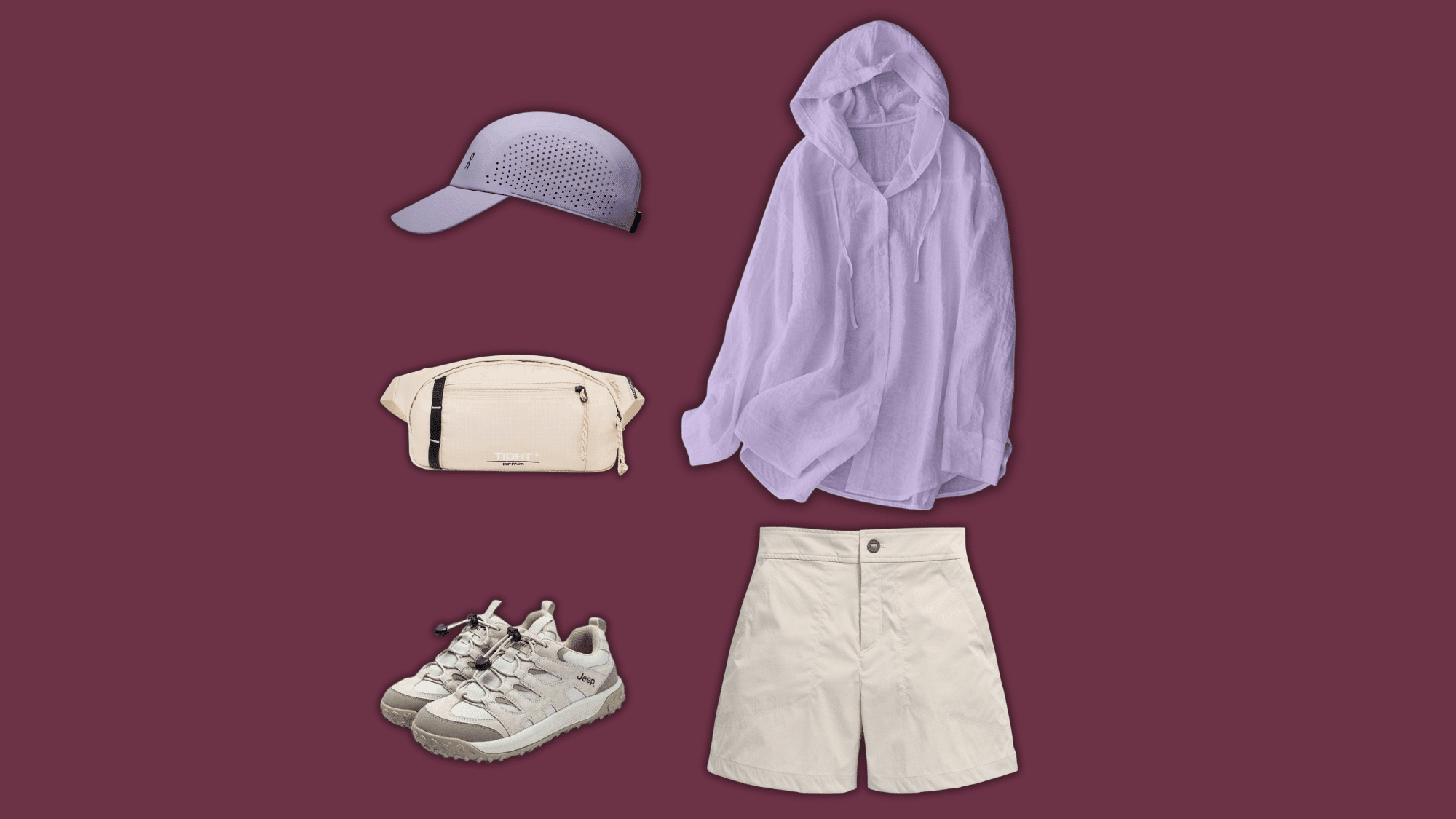 lavender hiking jacket and cream shorts with sporty accessories