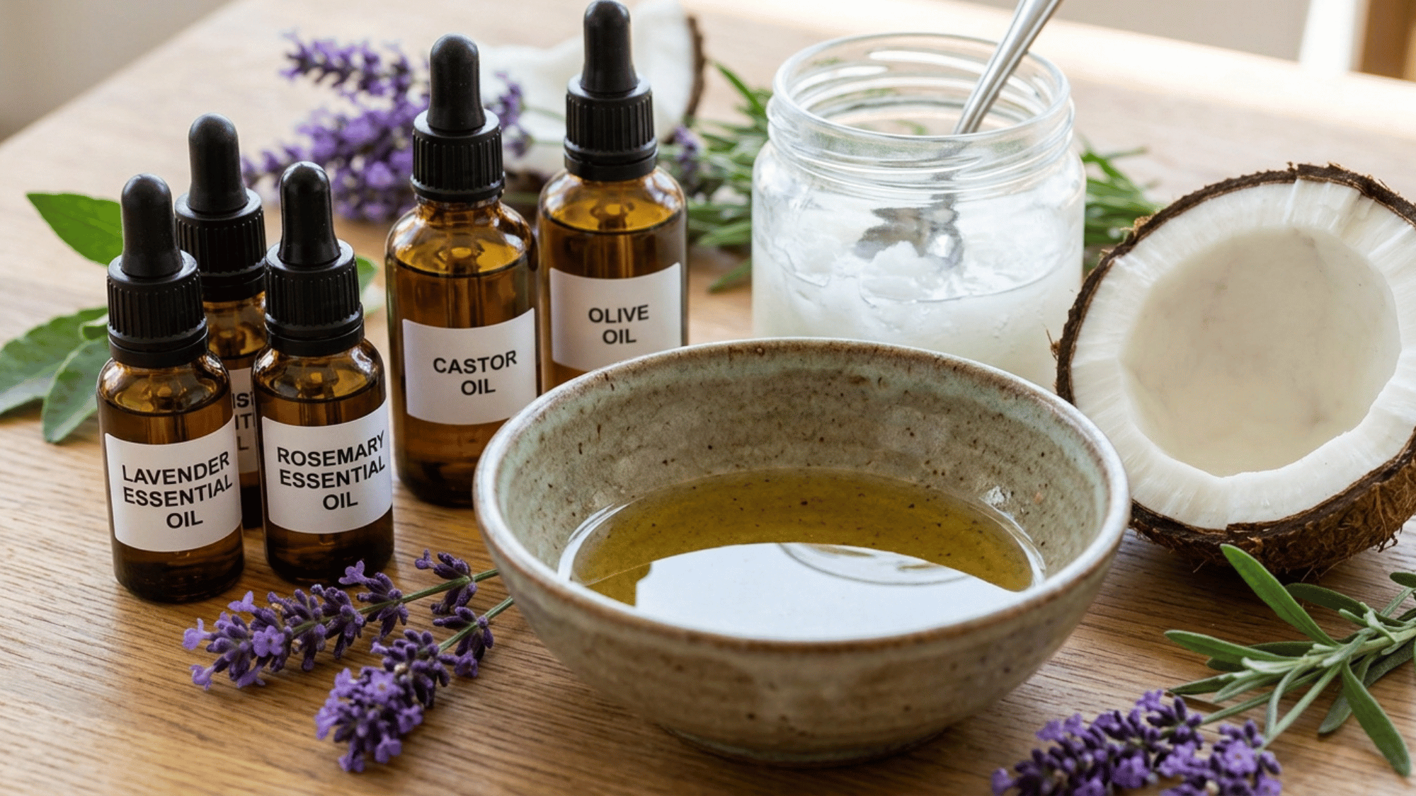 diy hair growth oil ingredients with coconut castor olive oil rosemary and lavender for dry hair