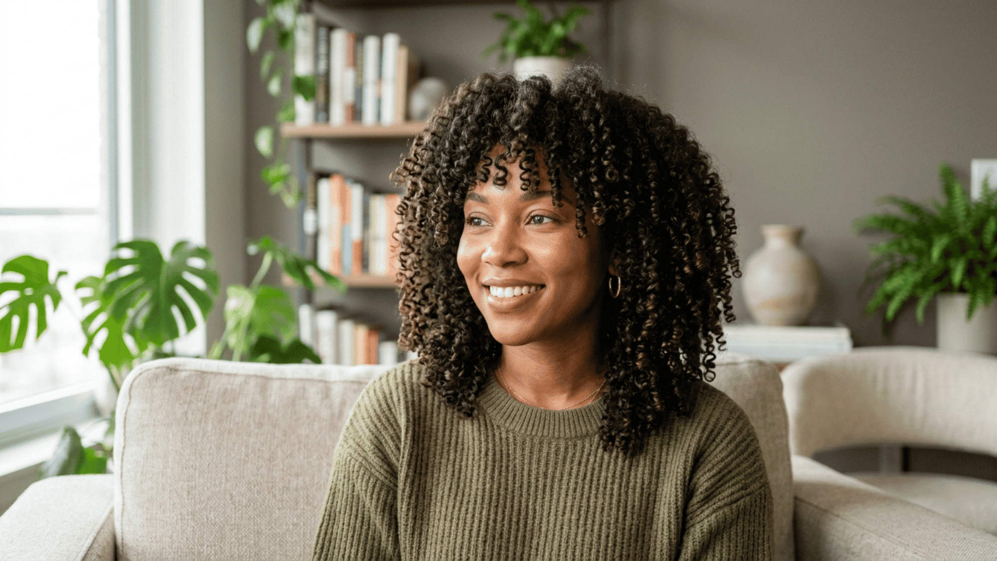 woman smiling with layered curls and full natural volume