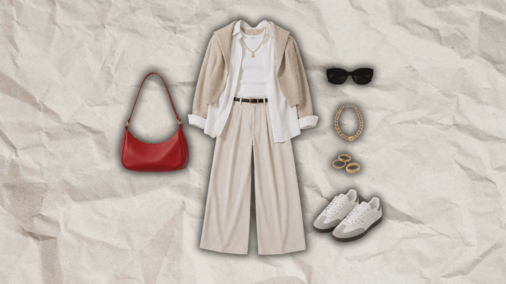 neutral layered outfit with white tank beige cardigan linen pants red shoulder bag white sneakers and gold accessories