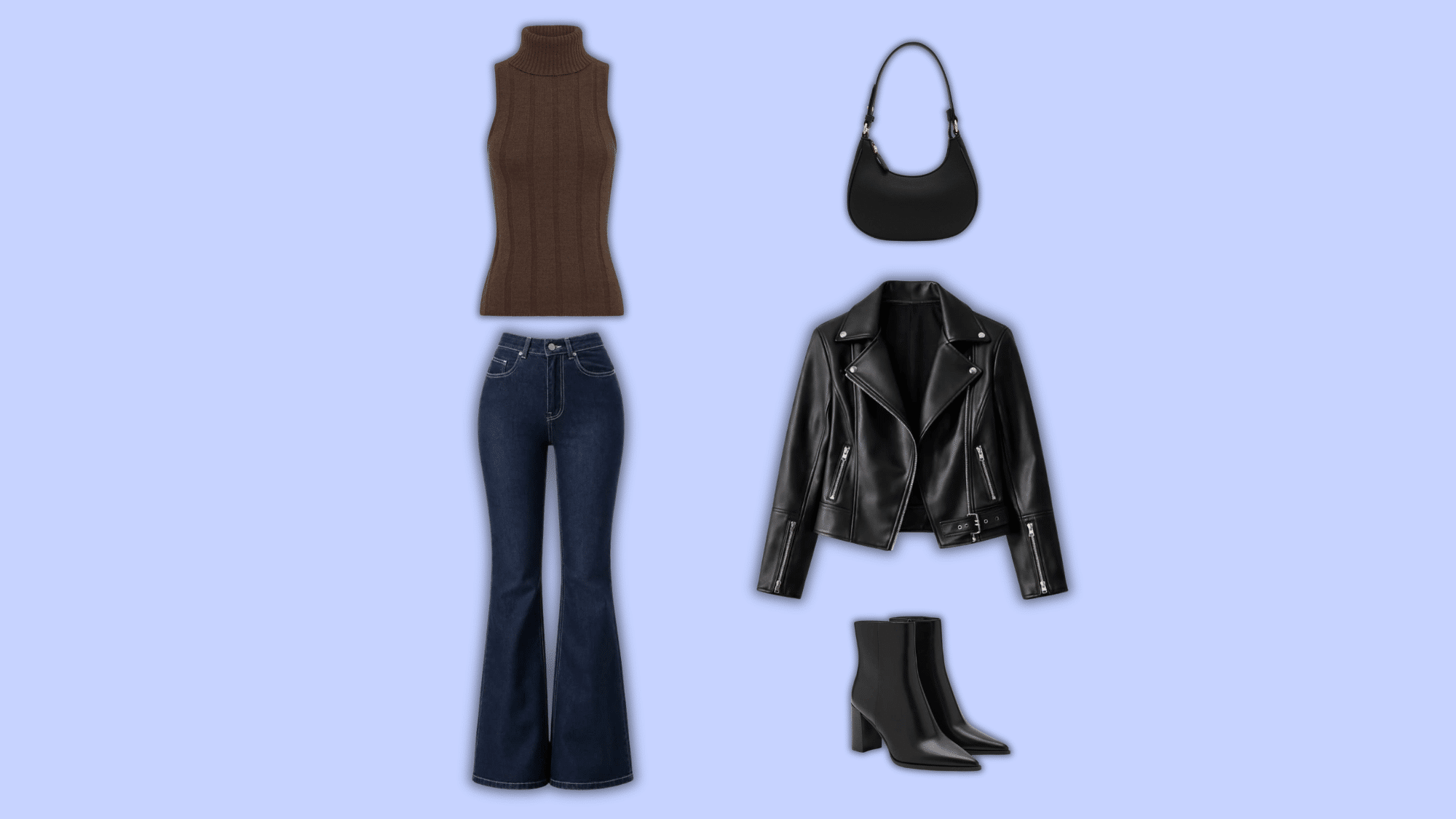 flare jeans with leather jacket and ankle boots