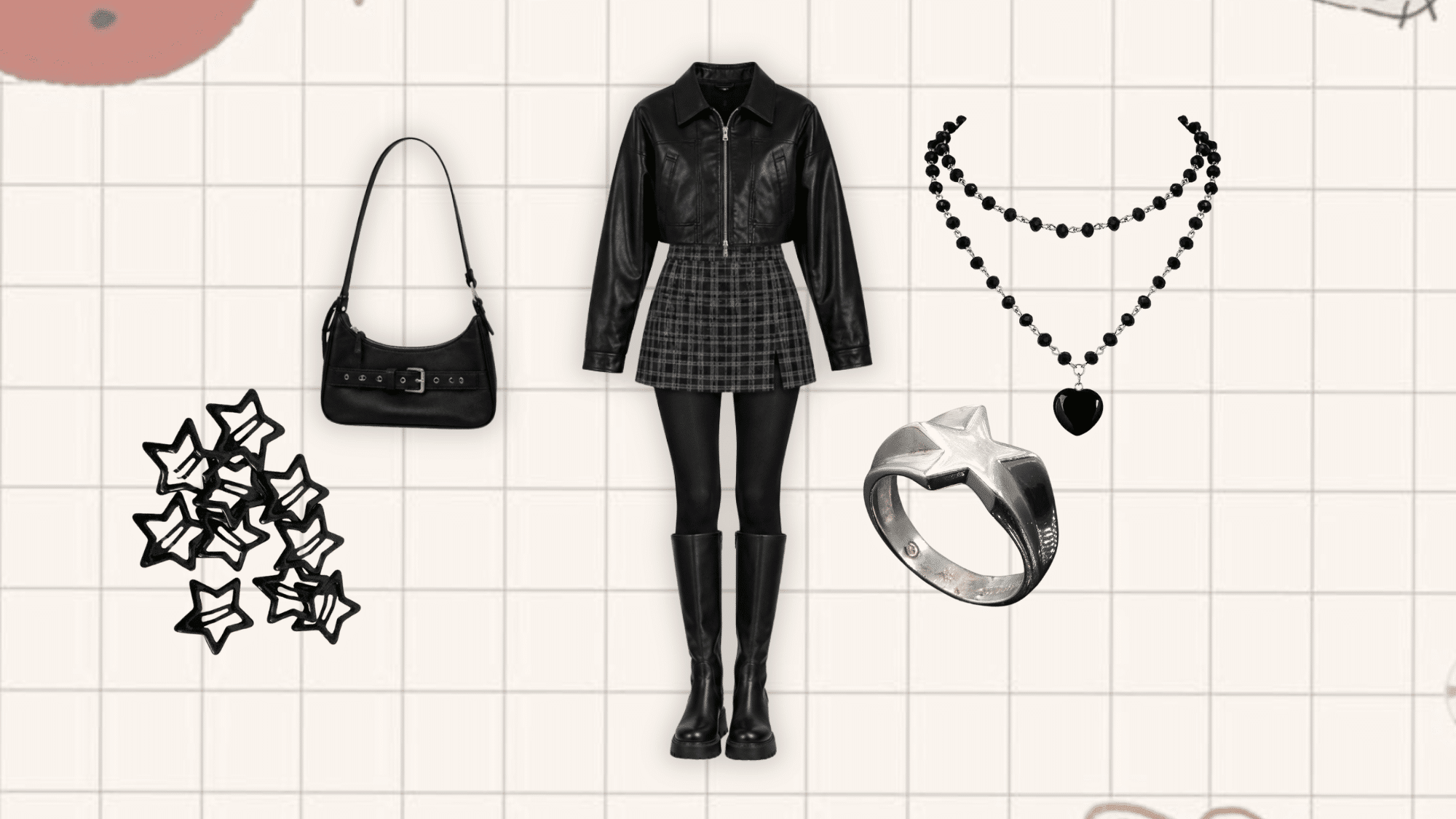cropped black leather jacket with a plaid mini skirt knee high boots shoulder bag layered necklace and silver statement ring