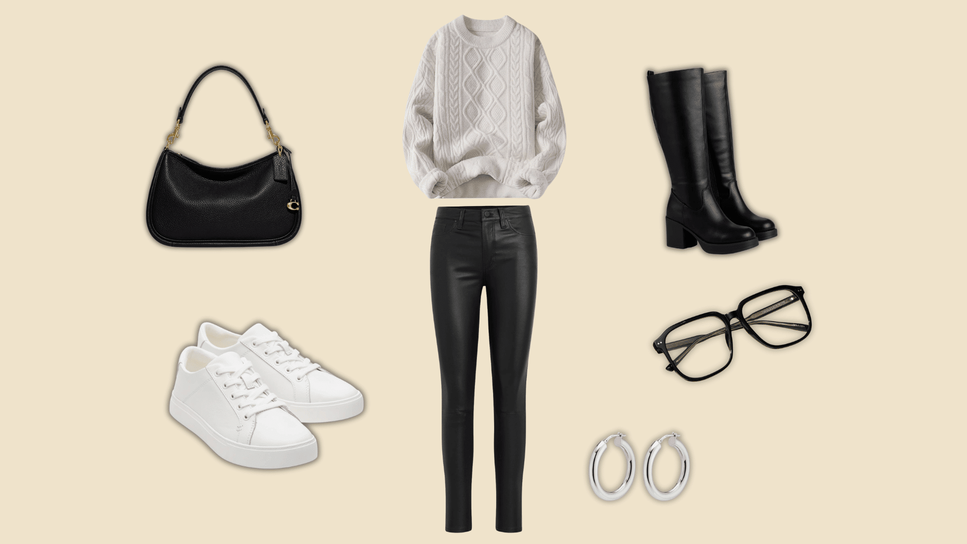 white sweater with leather pants boots handbag and glasses
