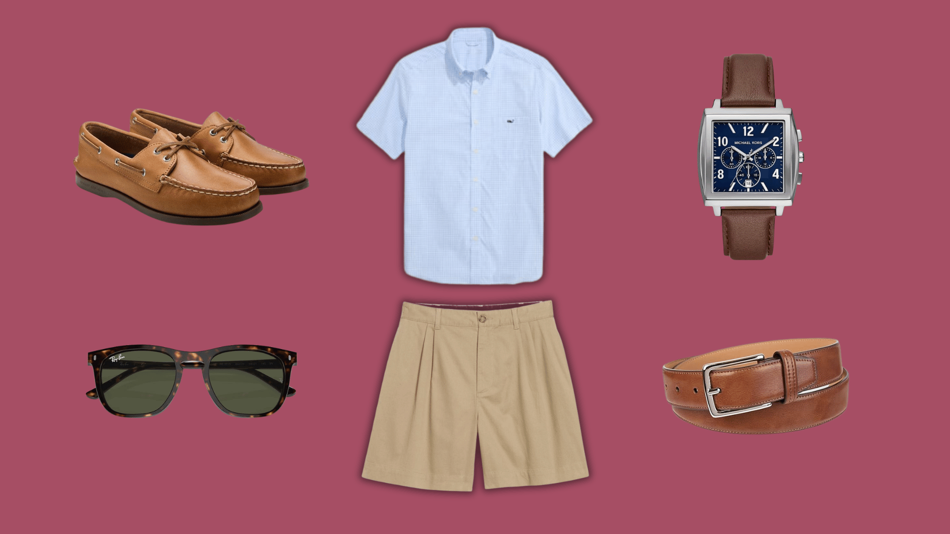 light blue gingham shirt with khaki shorts boat shoes belt watch and sunglasses for a summer outfit