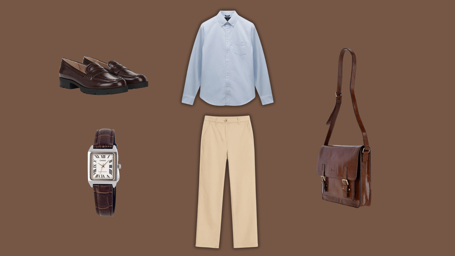 light blue oxford shirt with khaki pants brown loafers watch and bag for a business casual outfit