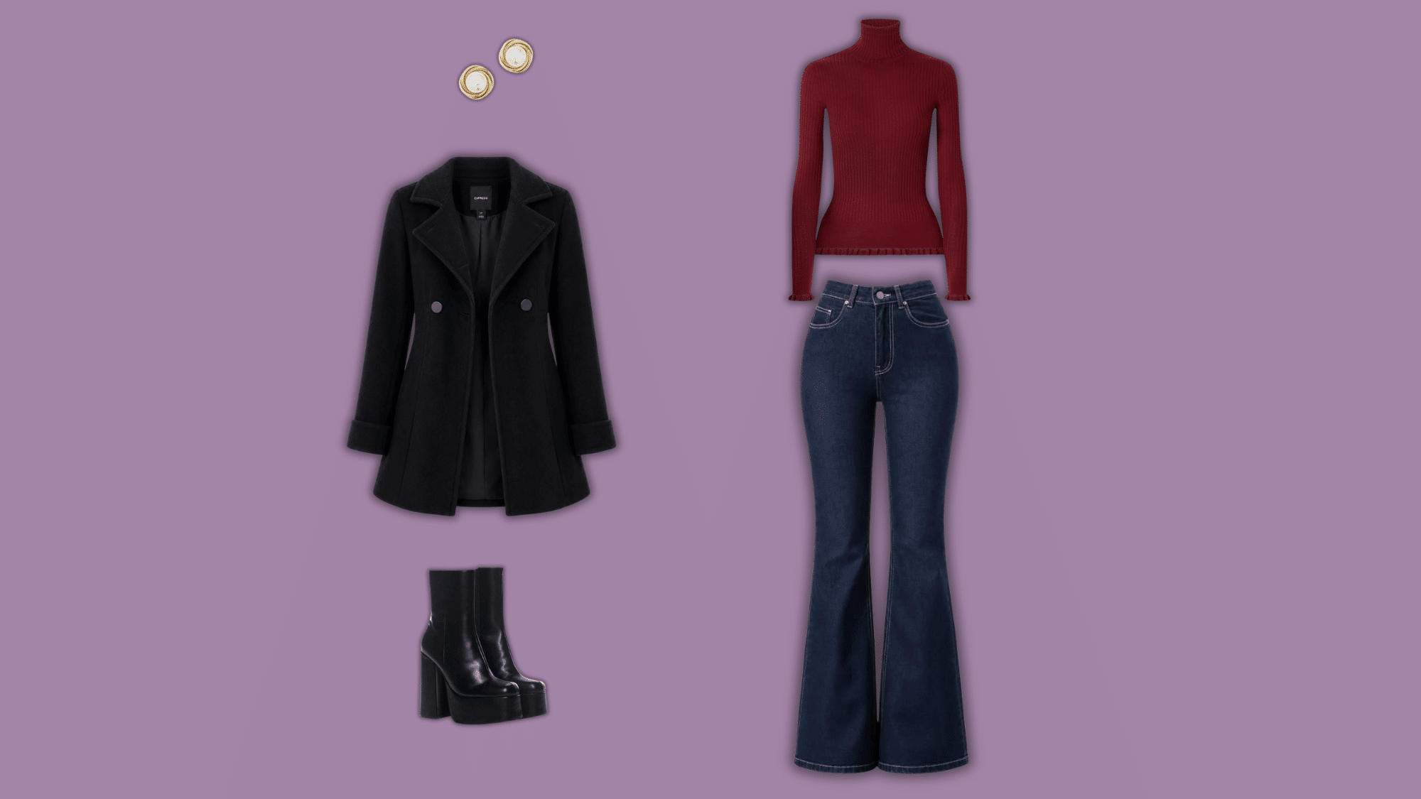 dark flare jeans with turtleneck coat boots
