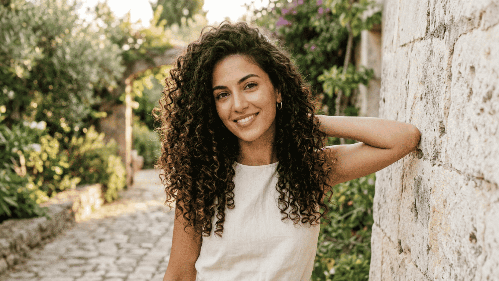 woman with long loose 3c curls outdoors