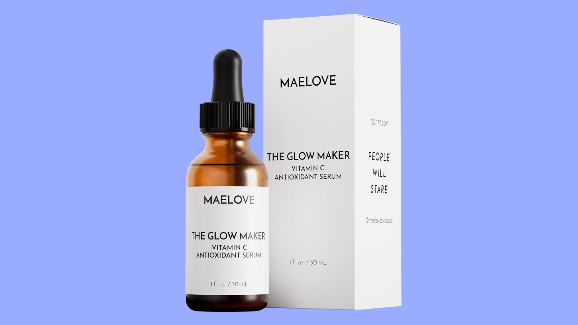 maelove the glow maker vitamin c antioxidant serum bottle and packaging on a light blue background
