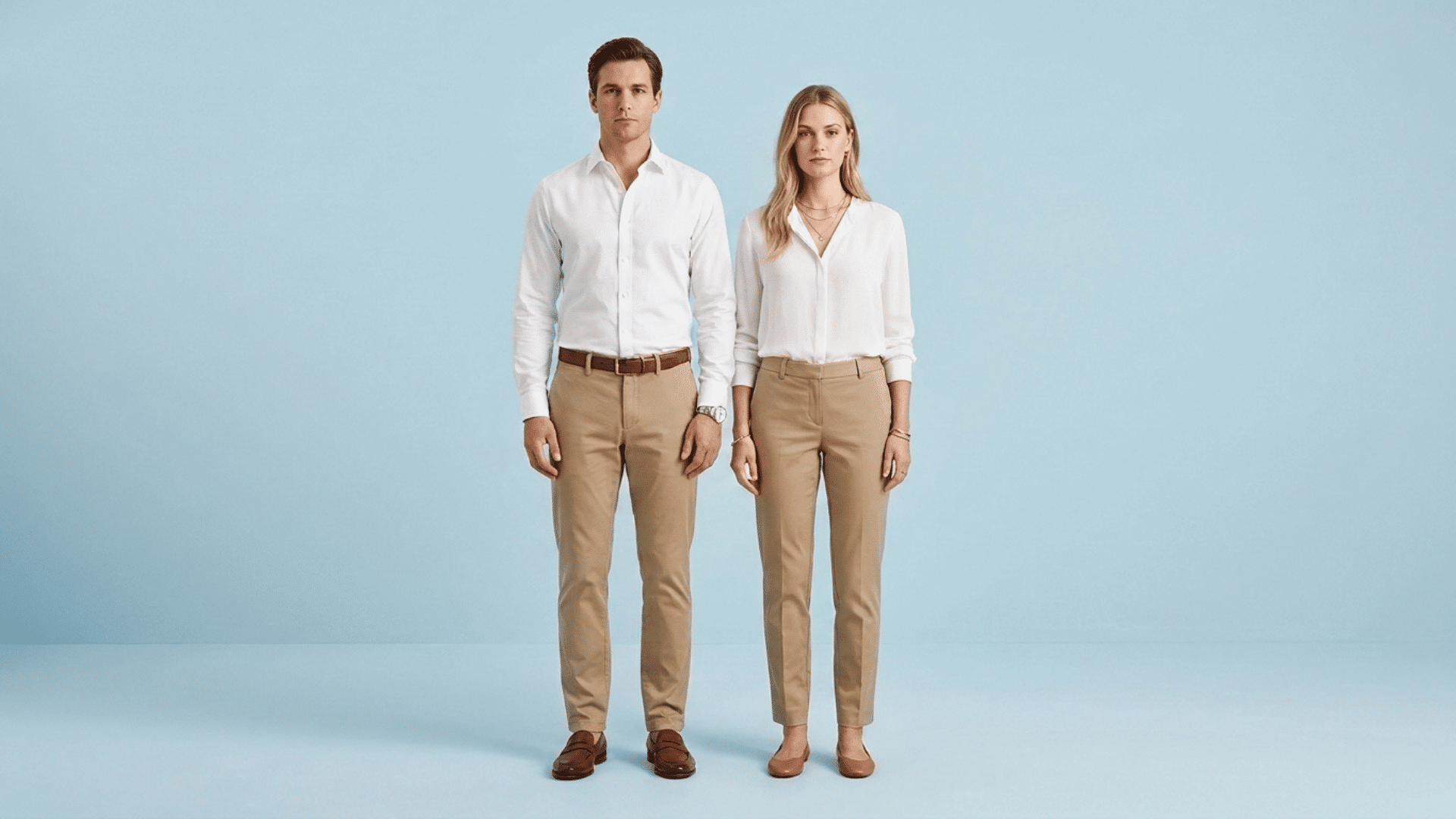 man and woman wearing white shirts with khaki pants and matching brown and tan accessories