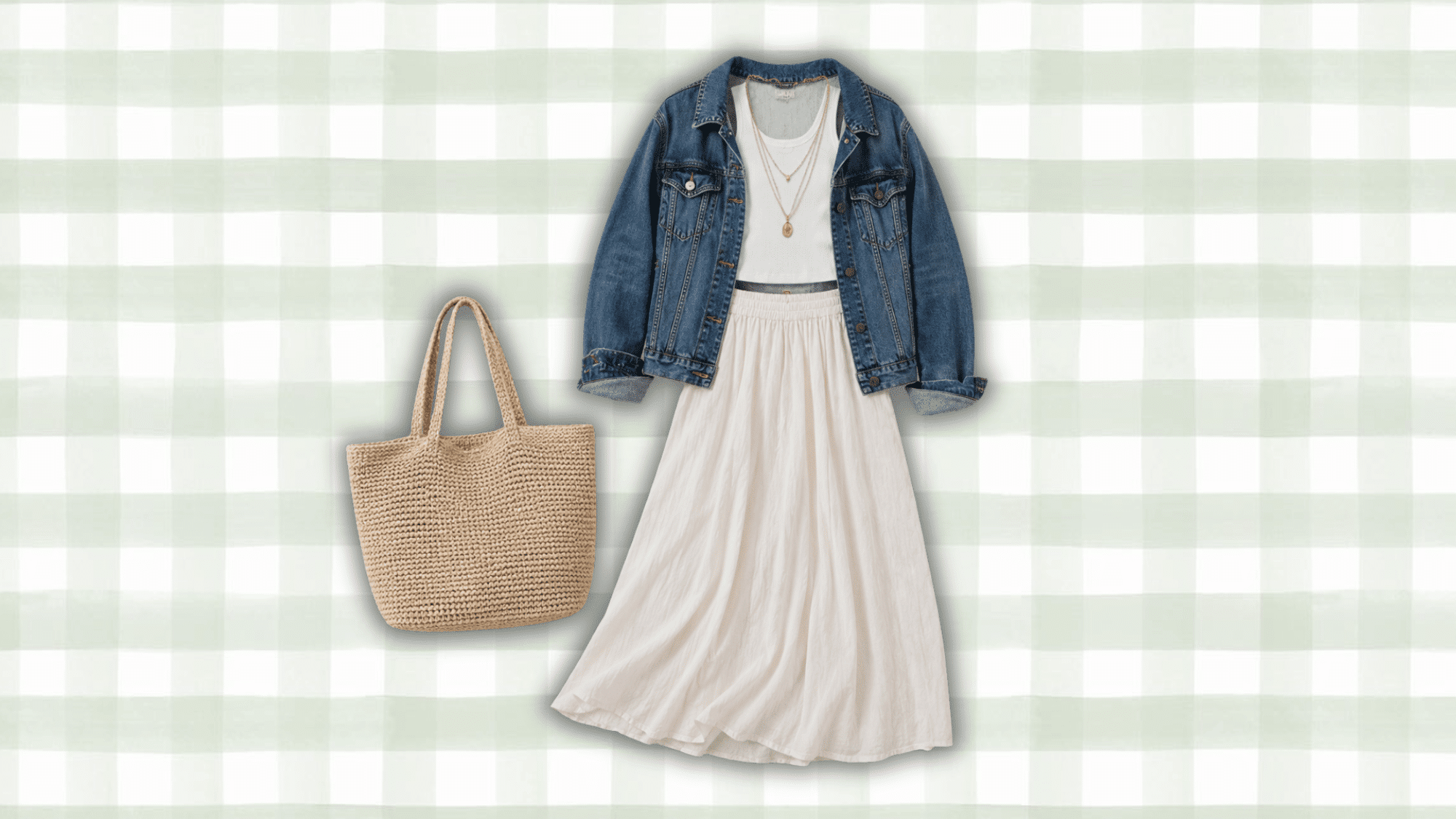 white maxi dress layered with a blue denim jacket straw tote bag and delicate gold necklace for an easy casual look