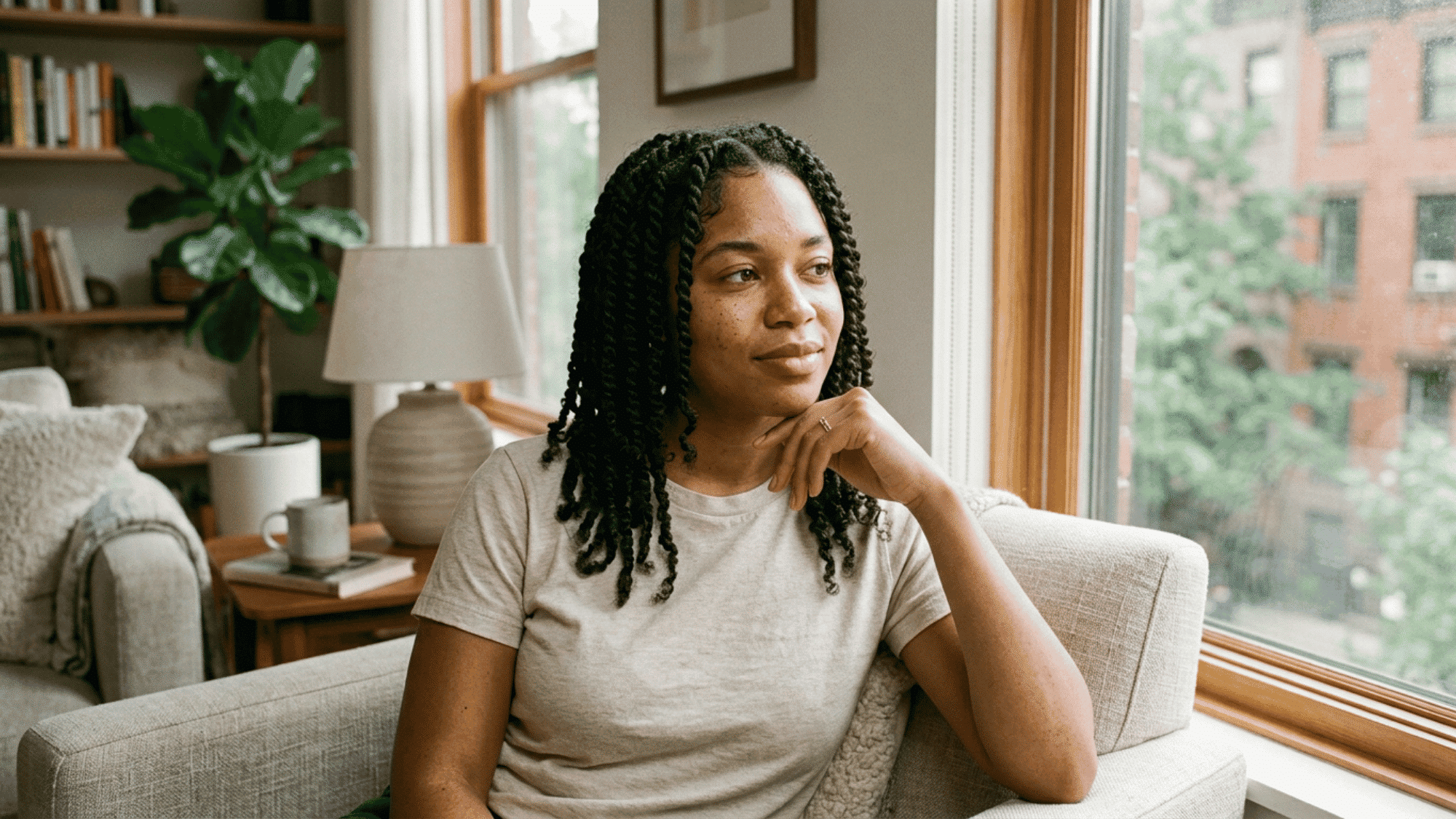 woman wearing medium two strand twists beside bright window