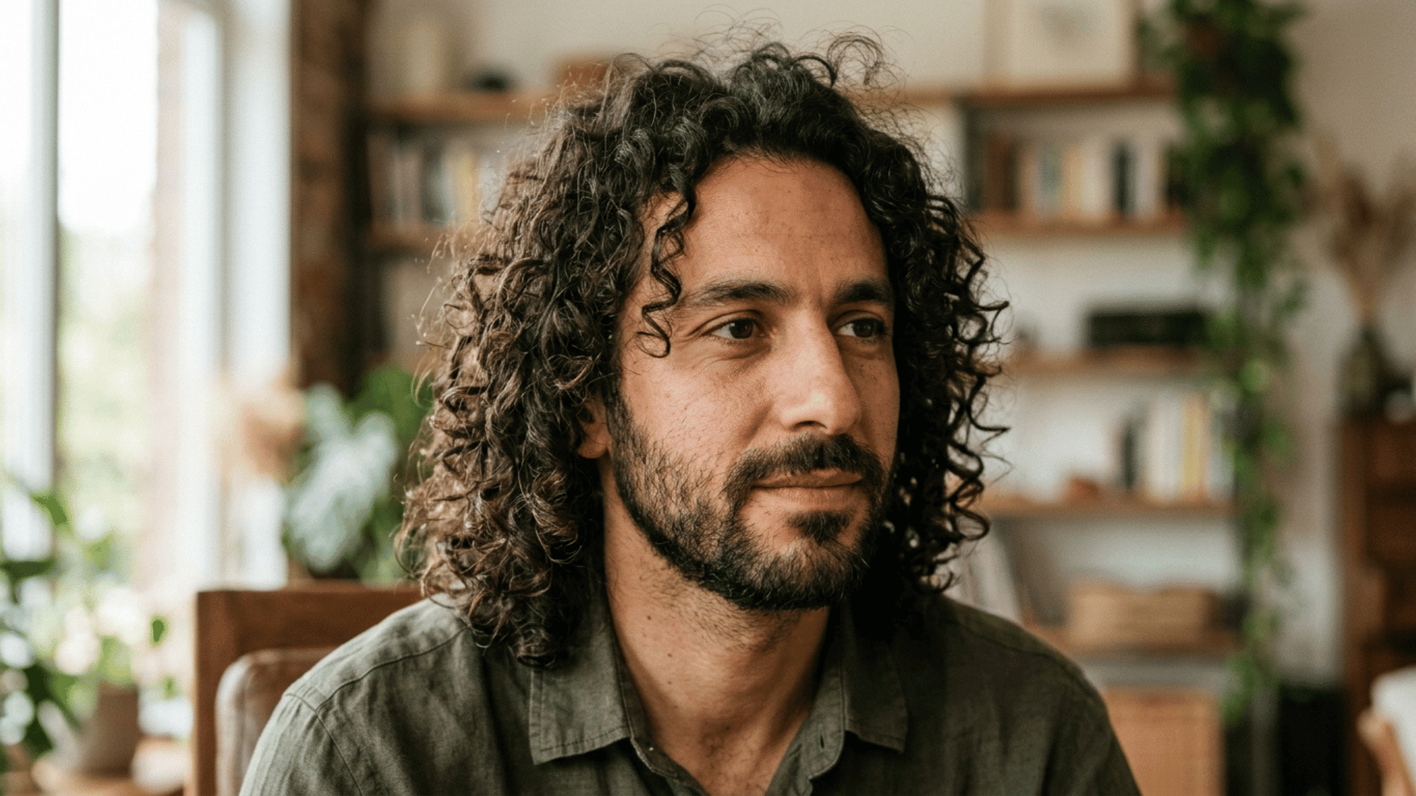 man with medium layered curls framing his face