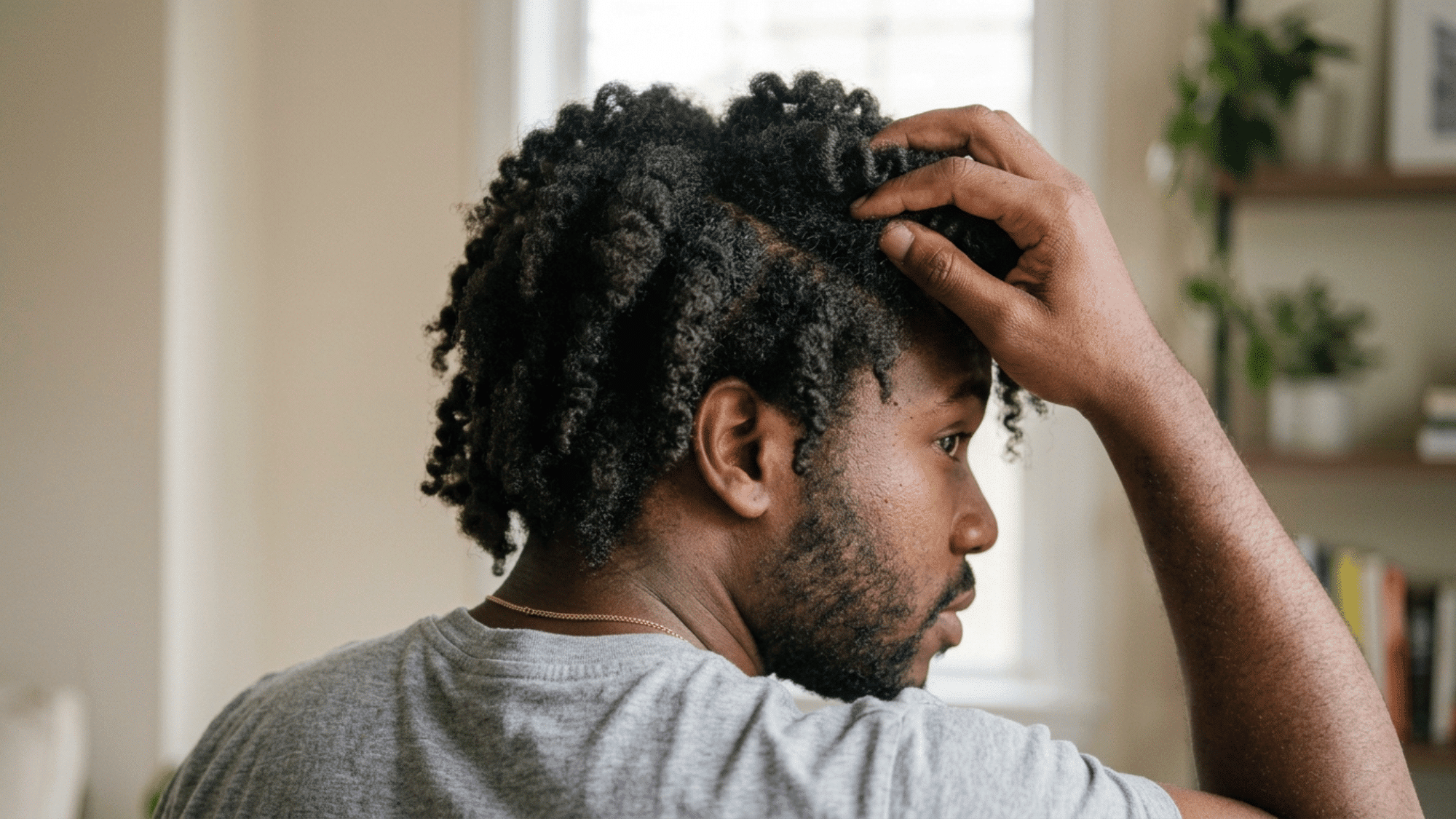 man lifting stretched twist out curls with hand
