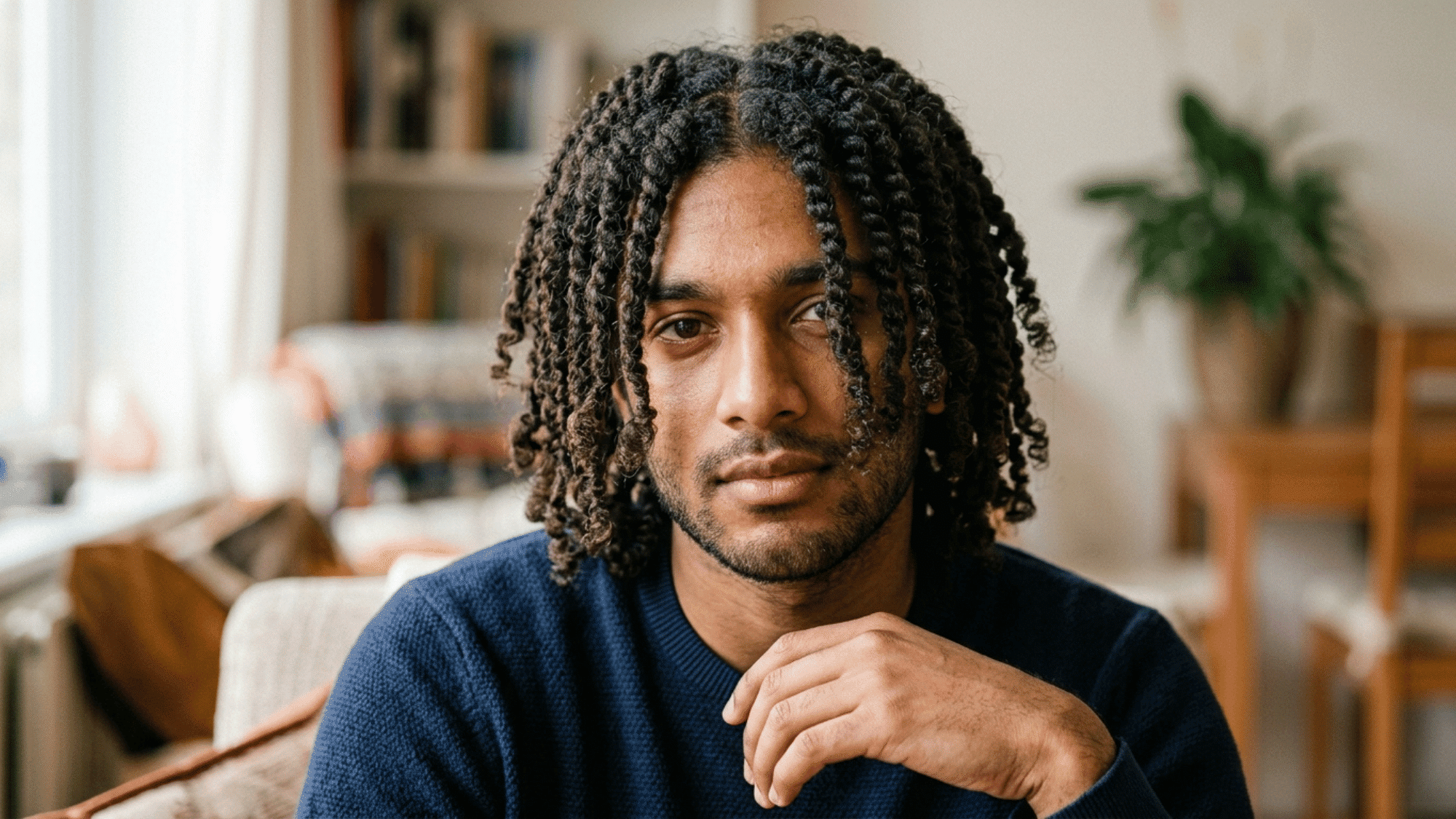 man wearing medium two strand twists with loose finish