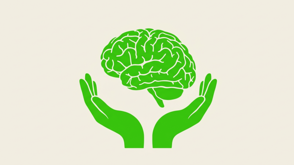a green graphic illustration of a human brain gently cradled by two cupped hands on a beige background
