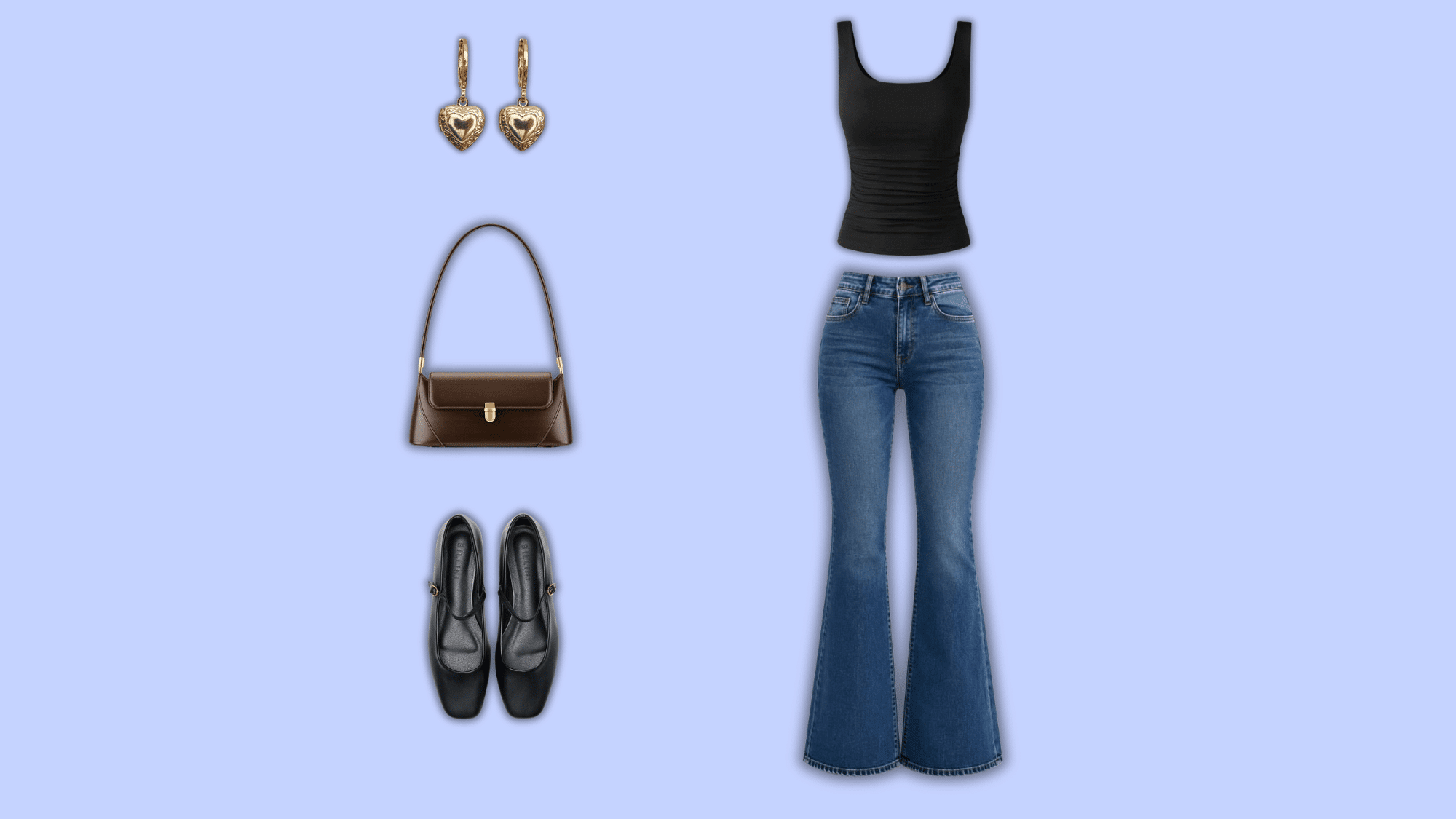 blue flare jeans with black tank and flats