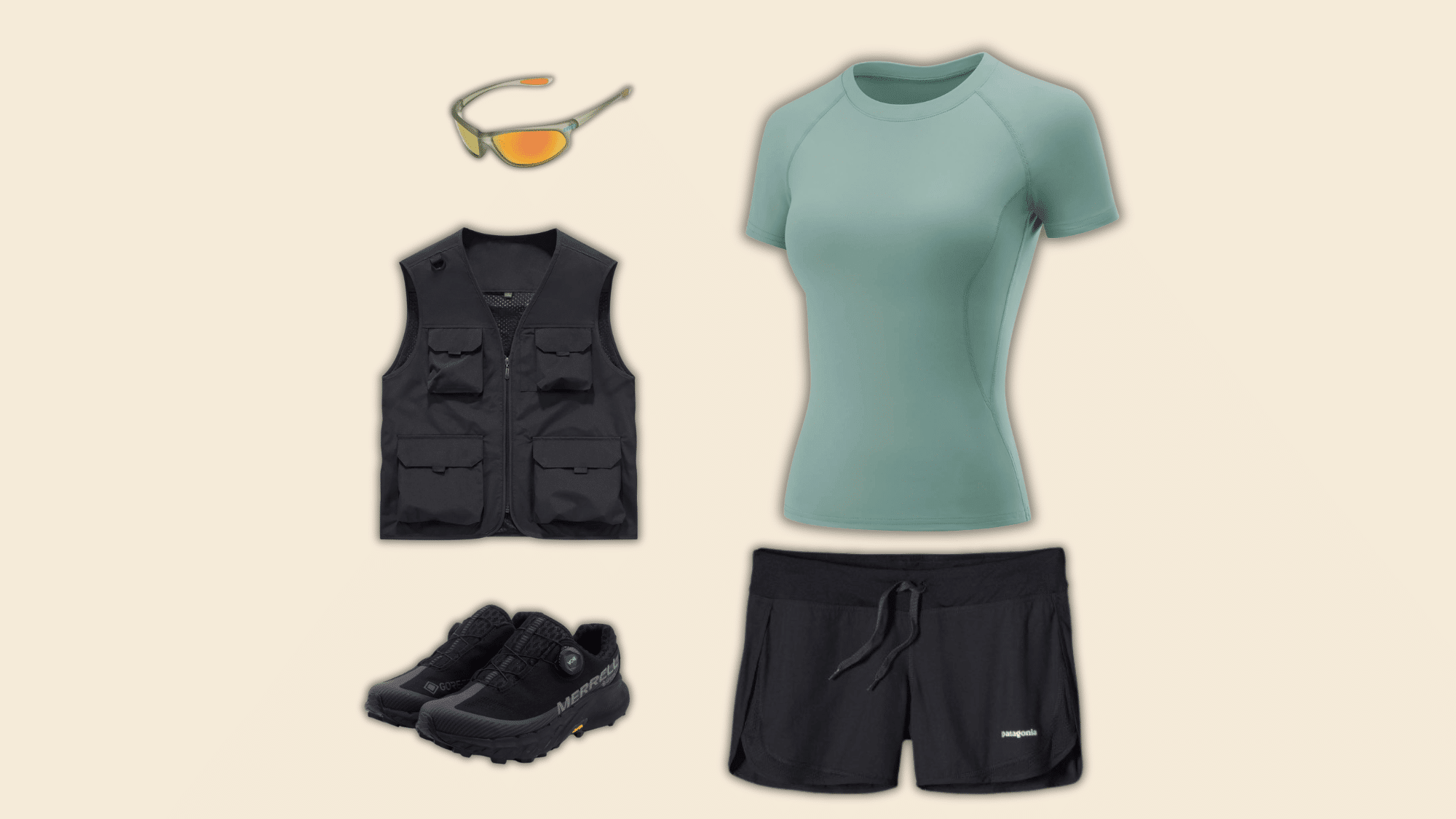 mint hiking shirt and black shorts with utility vest