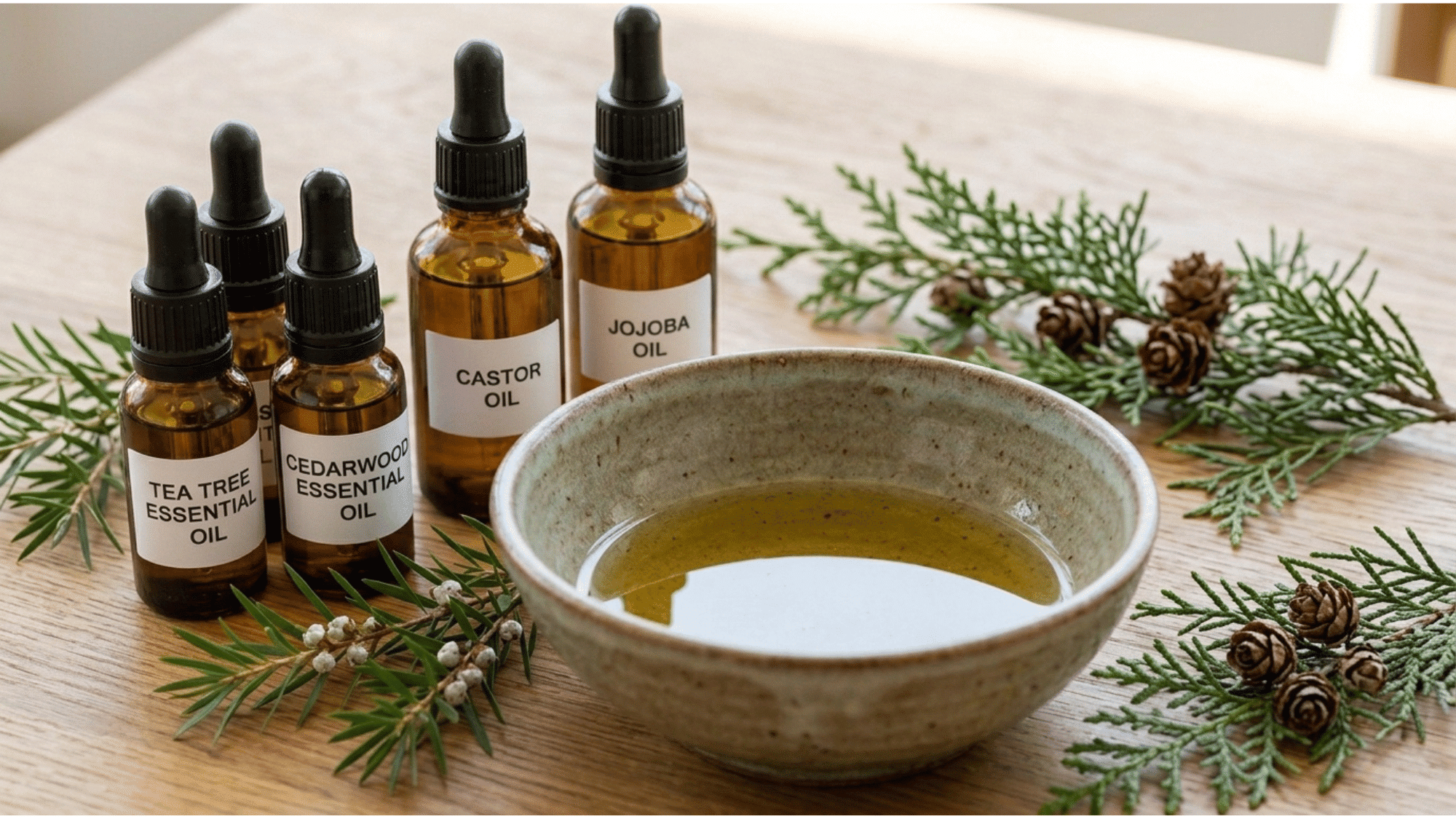 diy hair growth oil made with tea tree cedarwood jojoba and castor oil ingredients in a mixing bowl