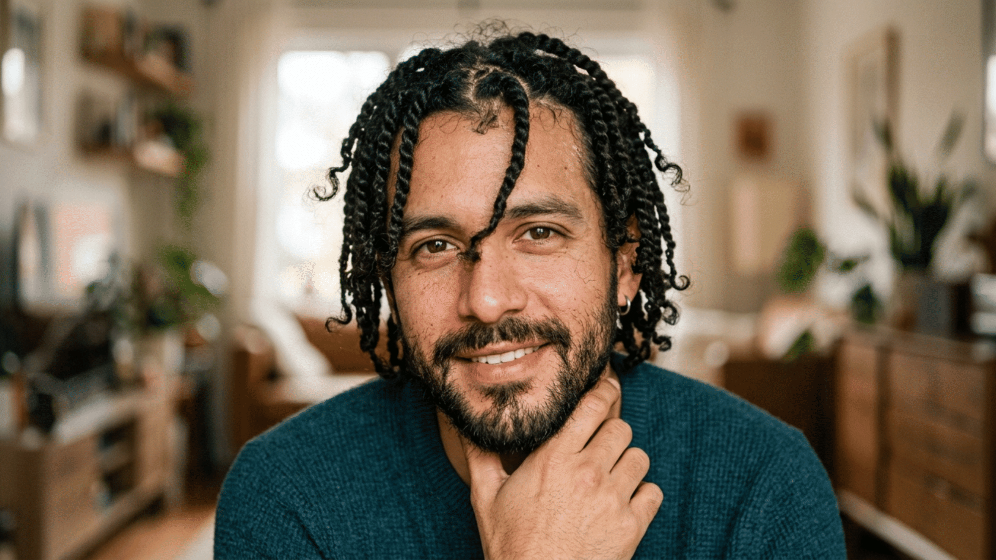man wearing medium mini twists with natural parting