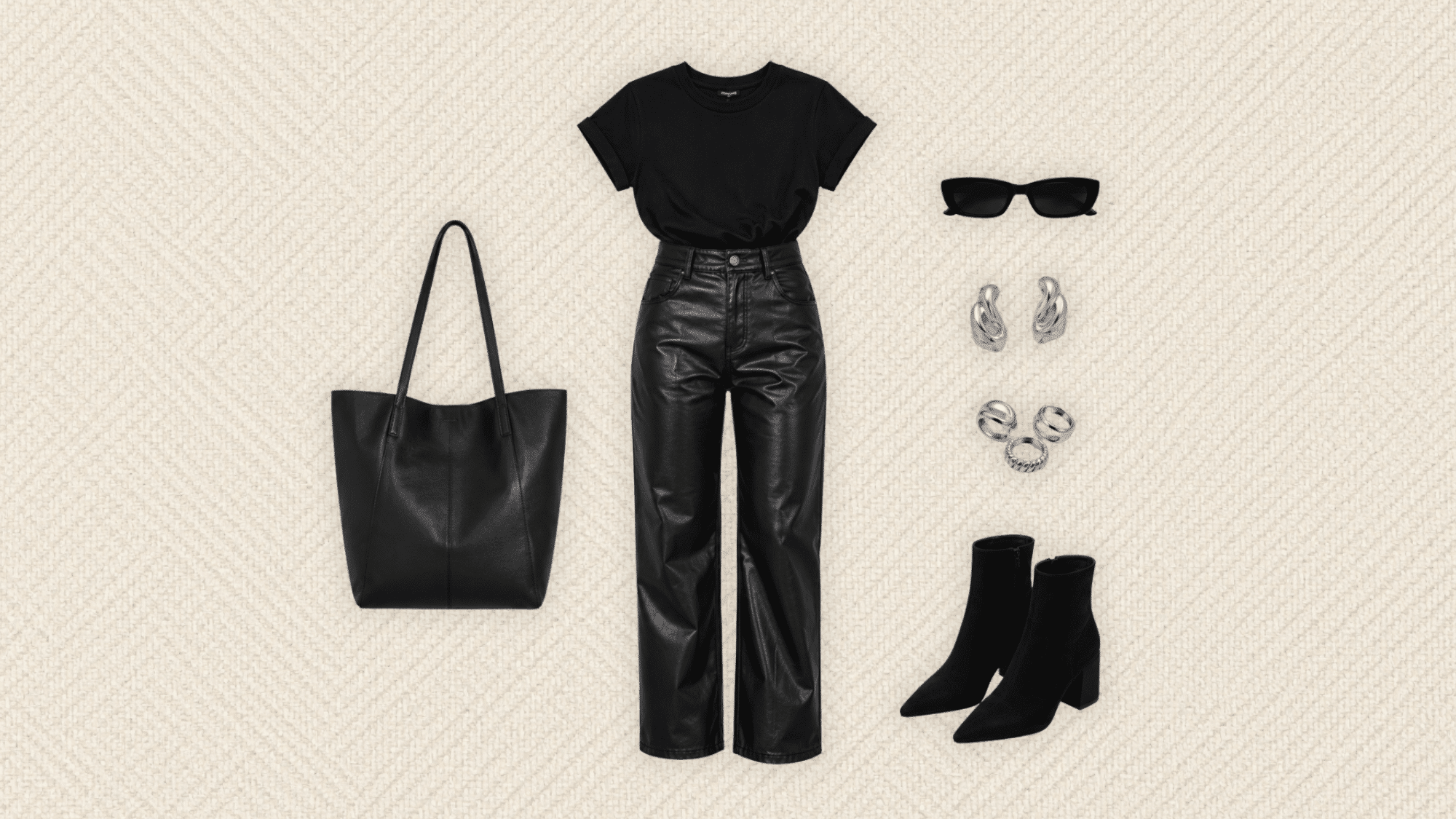 black fitted tee with black leather pants ankle boots tote bag silver jewelry and sunglasses for a sleek monochrome outfit
