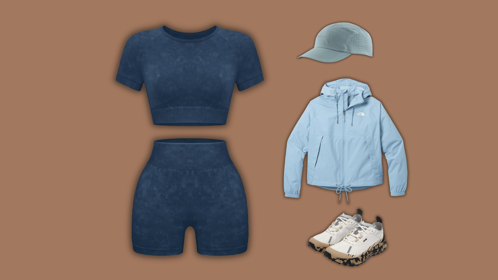 navy matching hiking set with blue jacket and cap