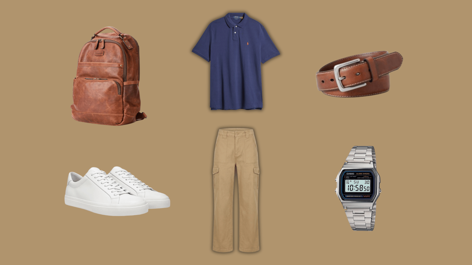 navy polo shirt with khaki cargo pants white sneakers belt and watch for a relaxed weekend look